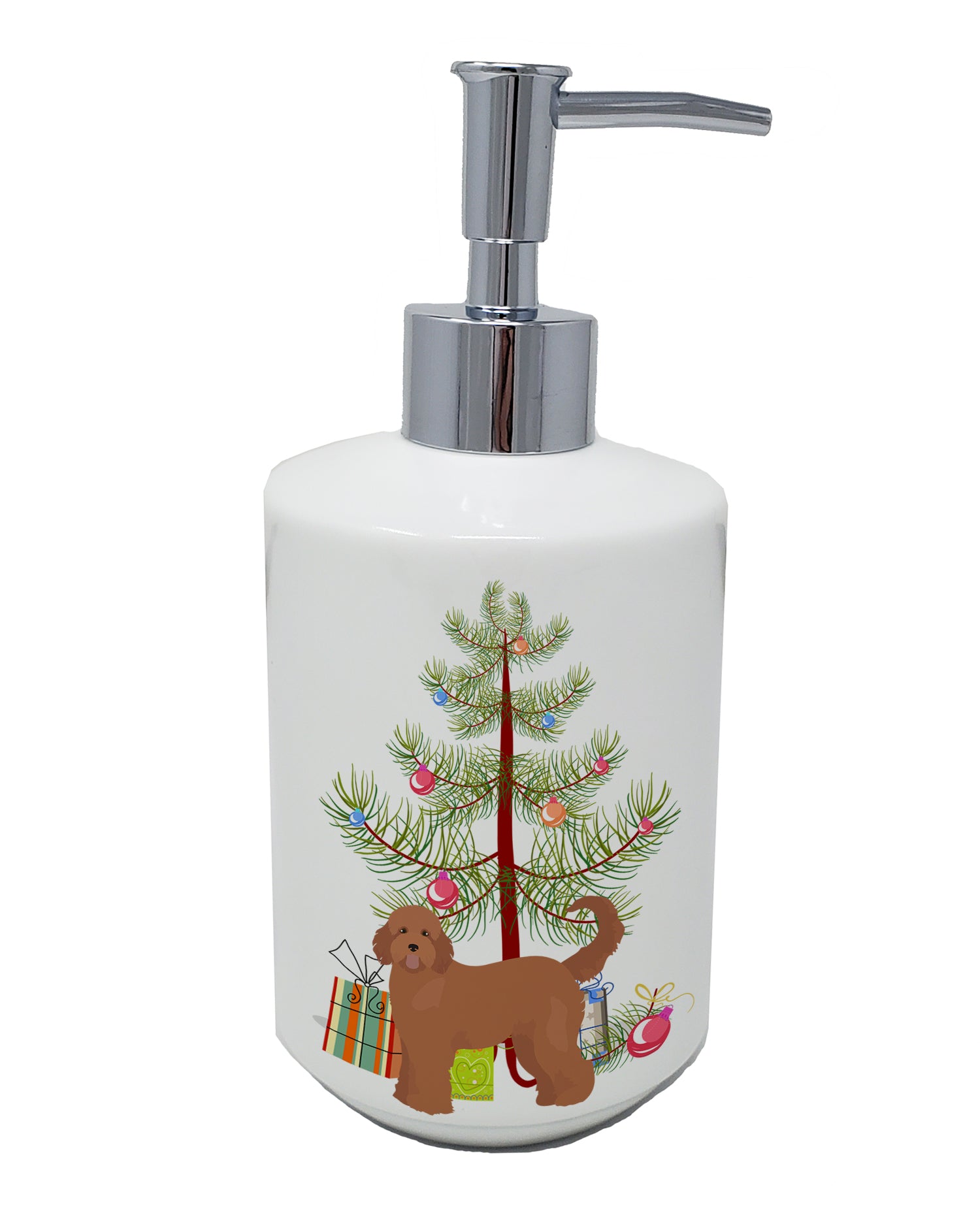 Buy this Tan Goldendoodle Christmas Tree Ceramic Soap Dispenser
