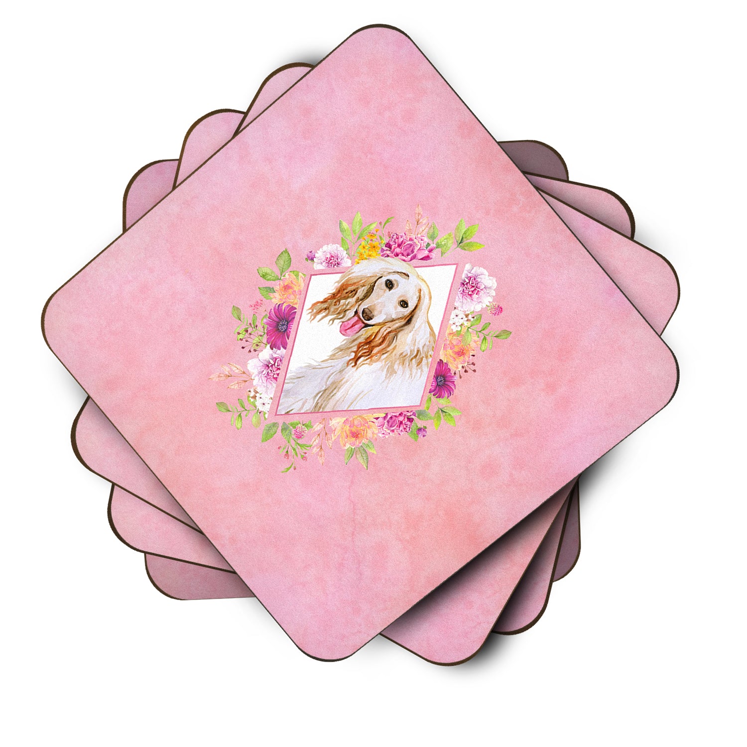 Set of 4 Afghan Hound Pink Flowers Foam Coasters Set of 4 CK4110FC - the-store.com
