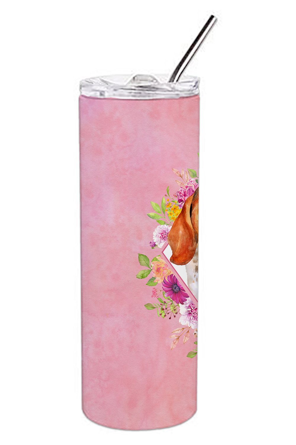 Basset Hound Pink Flowers Double Walled Stainless Steel 20 oz Skinny Tumbler CK4116TBL20 by Caroline's Treasures