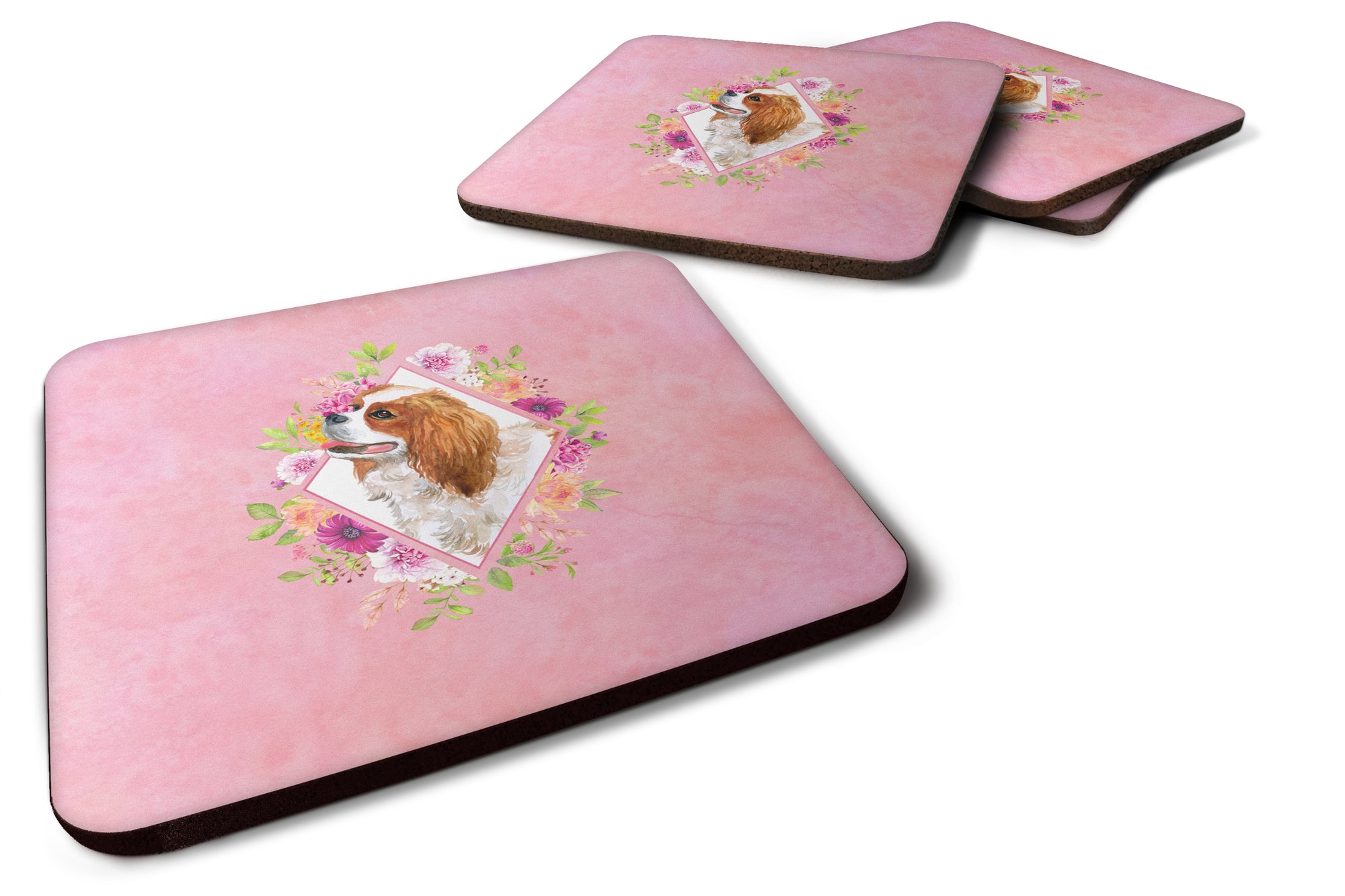 Set of 4 Cavalier King Charles Spaniel Pink Flowers Foam Coasters Set of 4 CK4126FC - the-store.com