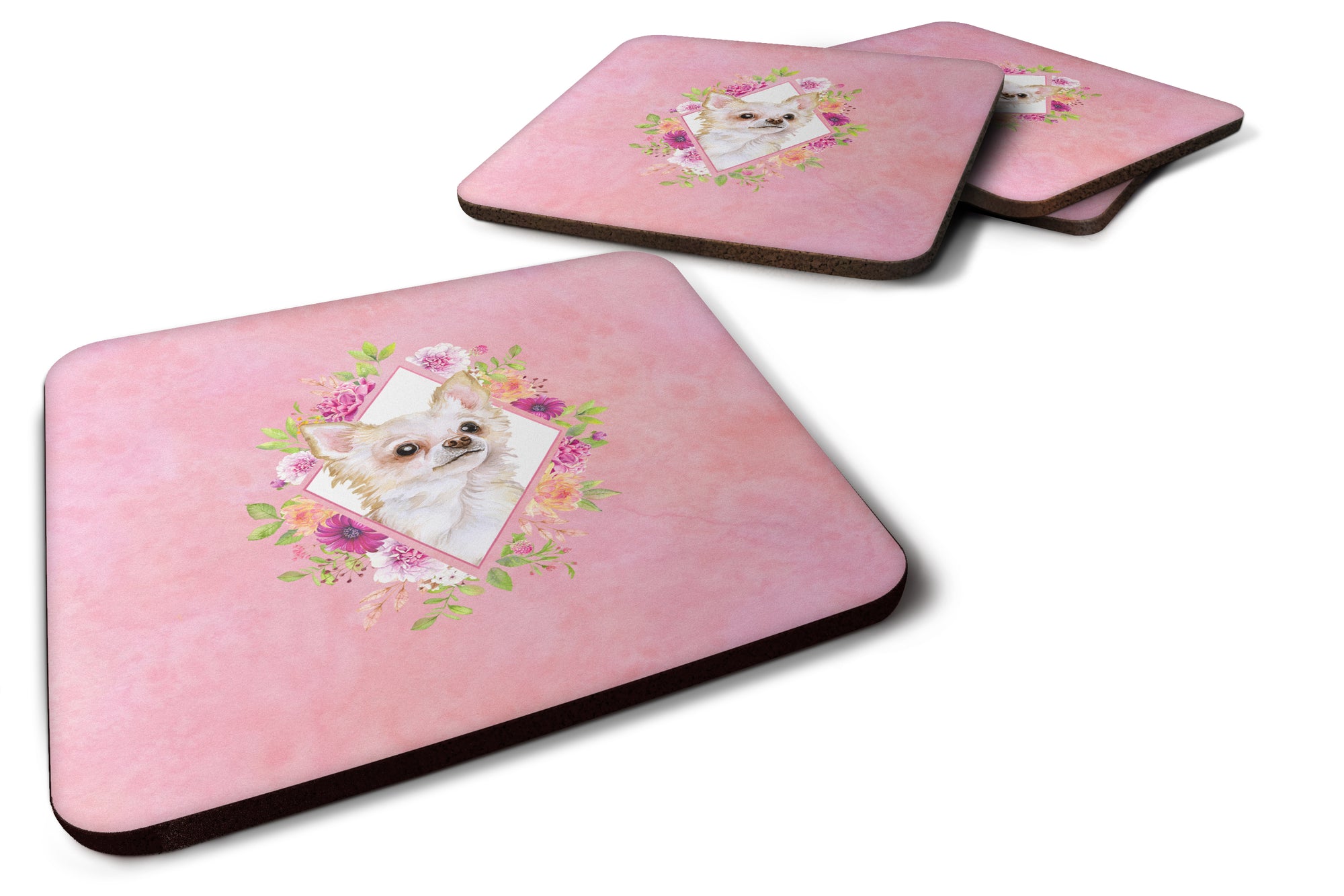 Set of 4 Long Hair Chihuahua Pink Flowers Foam Coasters Set of 4 CK4127FC - the-store.com