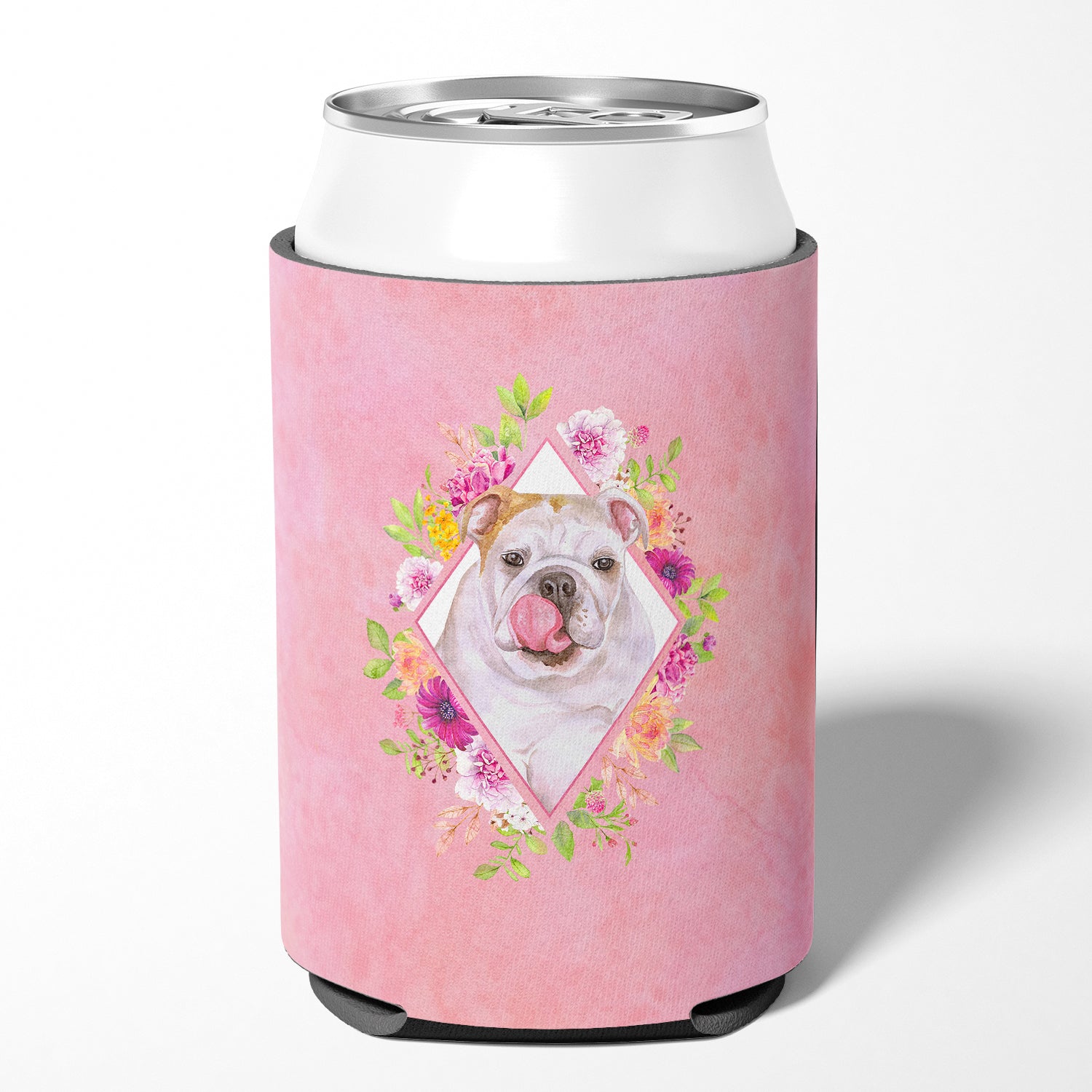 English Bulldog Pink Flowers Can or Bottle Hugger CK4140CC