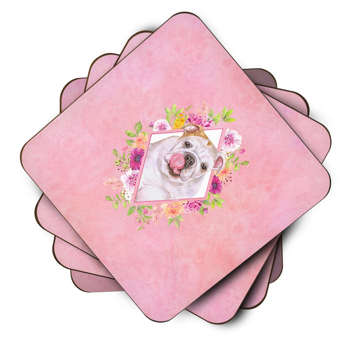 Set of 4 English Bulldog Pink Flowers Foam Coasters Set of 4 CK4140FC - the-store.com