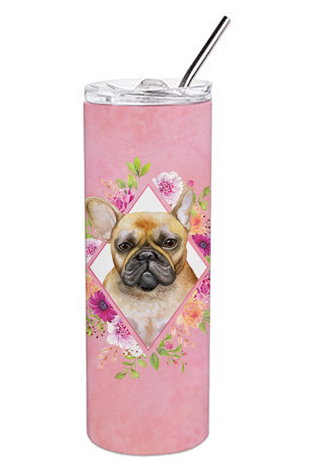 Fawn French Bulldog Pink Flowers Double Walled Stainless Steel 20 oz Skinny Tumbler CK4144TBL20 by Caroline's Treasures