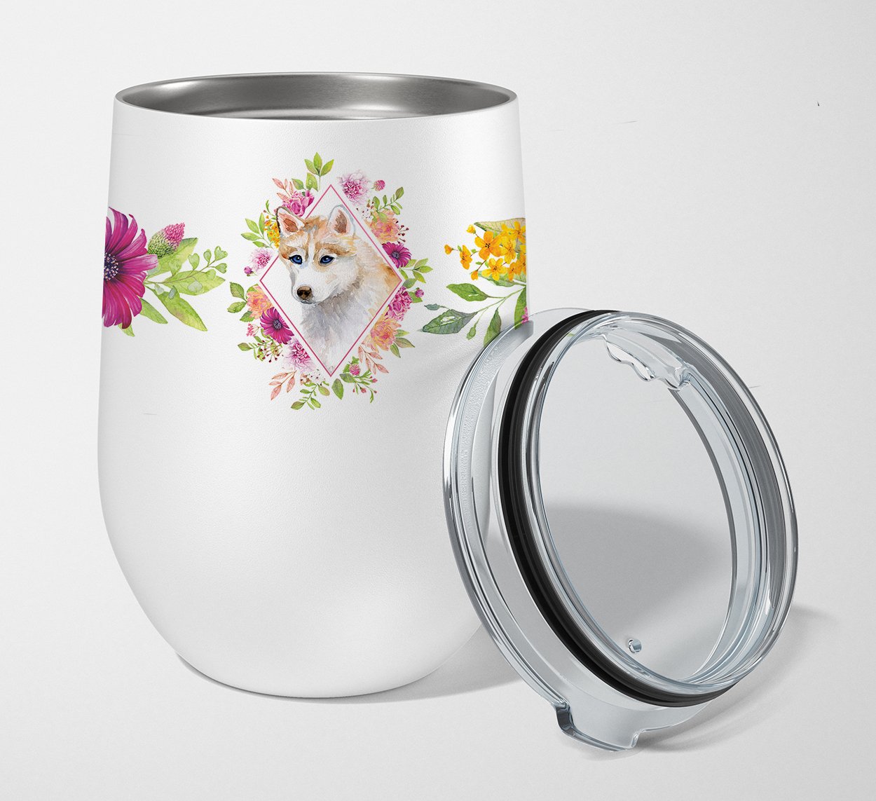 Red Siberian Husky Pink Flowers Stainless Steel 12 oz Stemless Wine Glass CK4148TBL12 by Caroline's Treasures