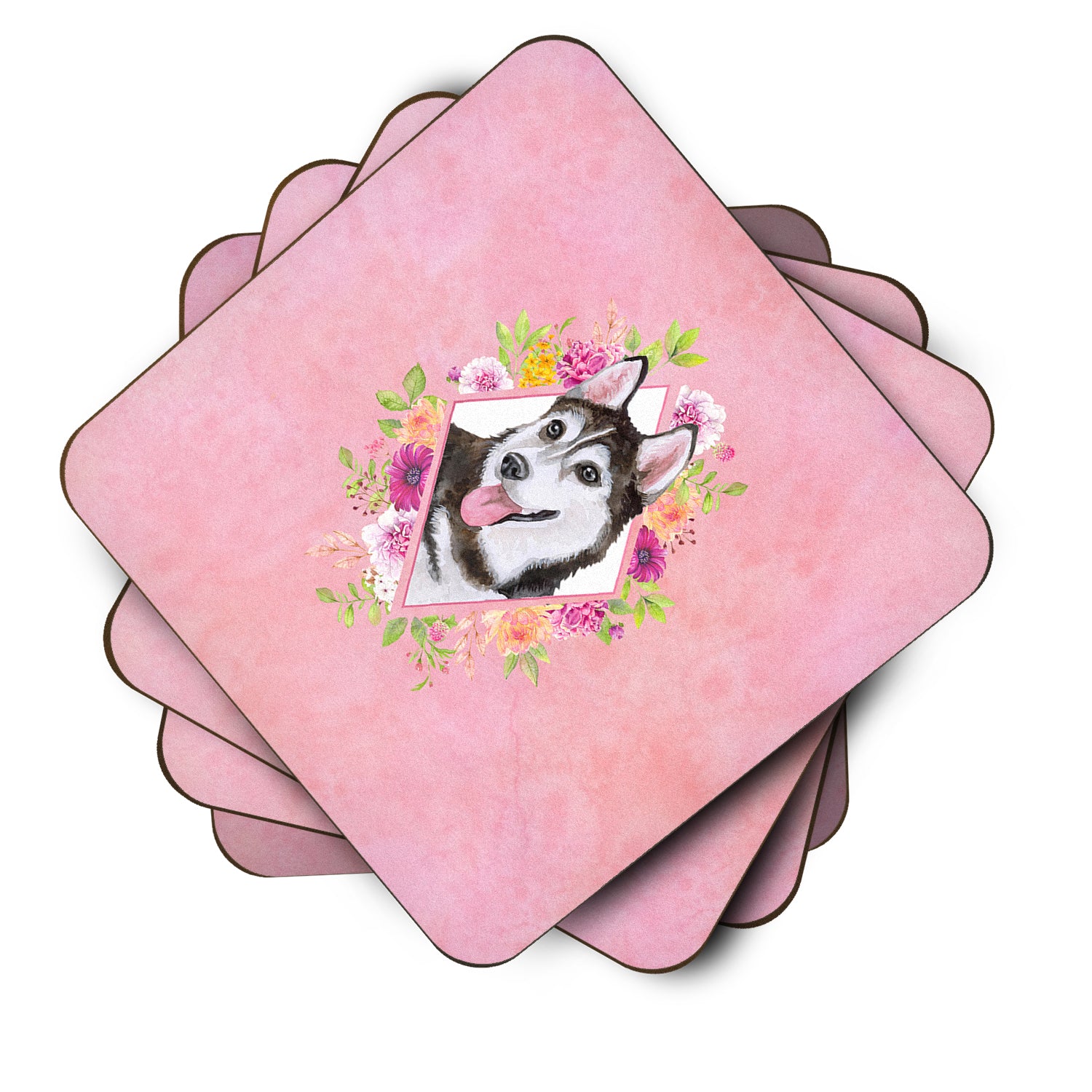 Set of 4 Siberian Husky #1 Pink Flowers Foam Coasters Set of 4 CK4151FC - the-store.com