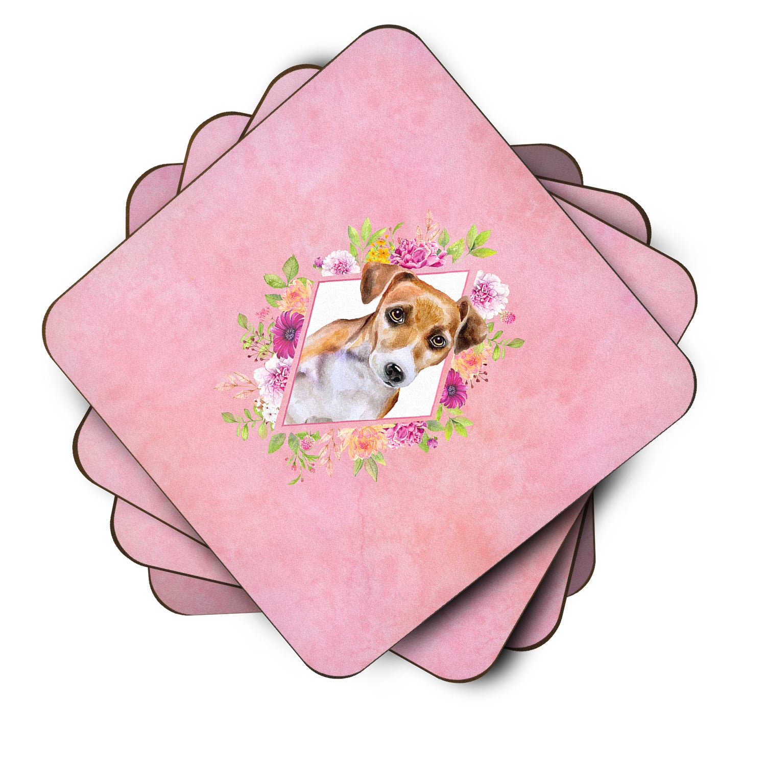 Set of 4 Jack Russell Terrier #1 Pink Flowers Foam Coasters Set of 4 CK4155FC - the-store.com