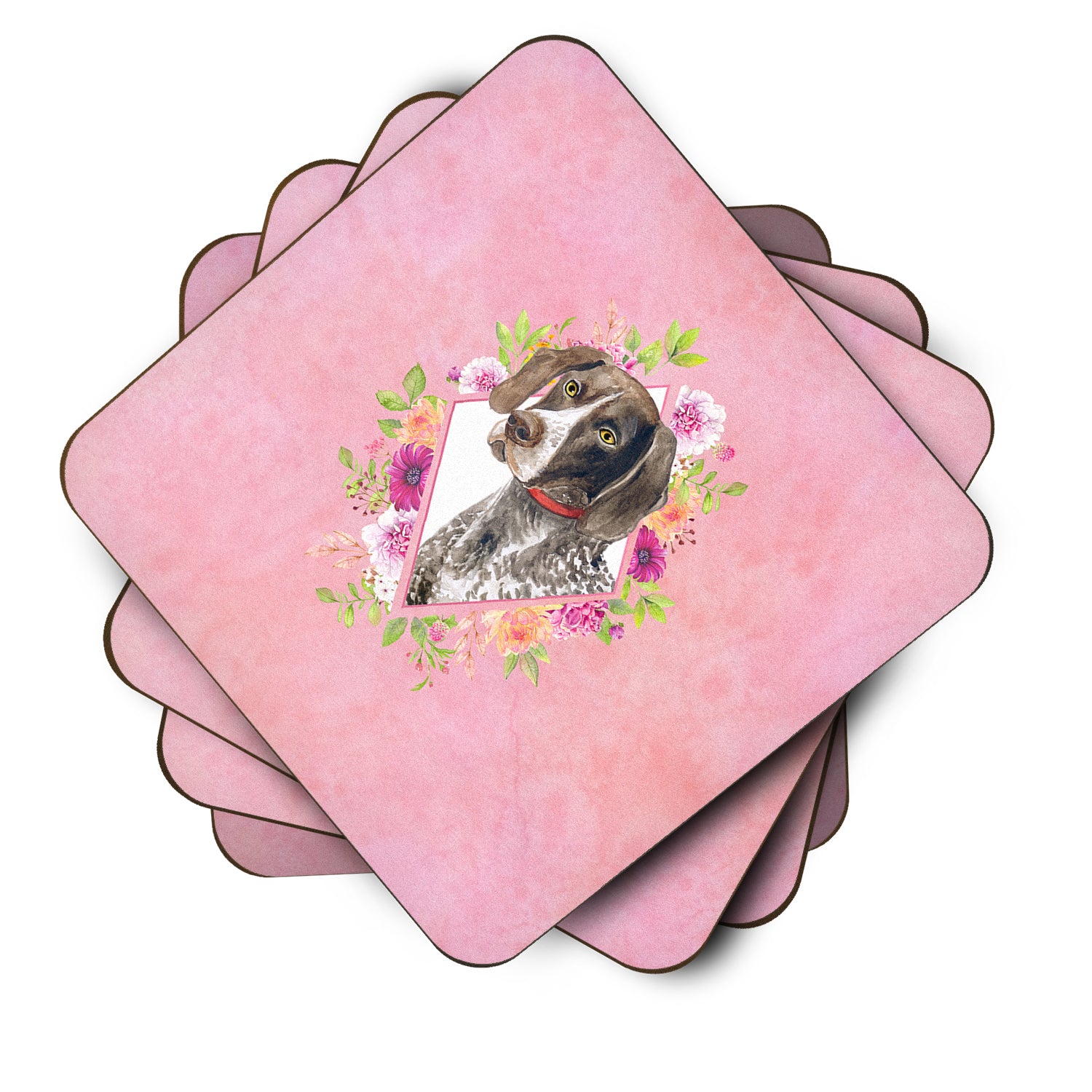 Set of 4 German Shorthaired Pointer Pink Flowers Foam Coasters Set of 4 CK4157FC - the-store.com