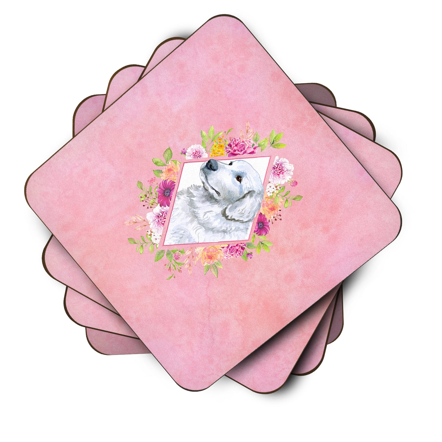 Set of 4 Great Pyrenees Pink Flowers Foam Coasters Set of 4 CK4160FC - the-store.com