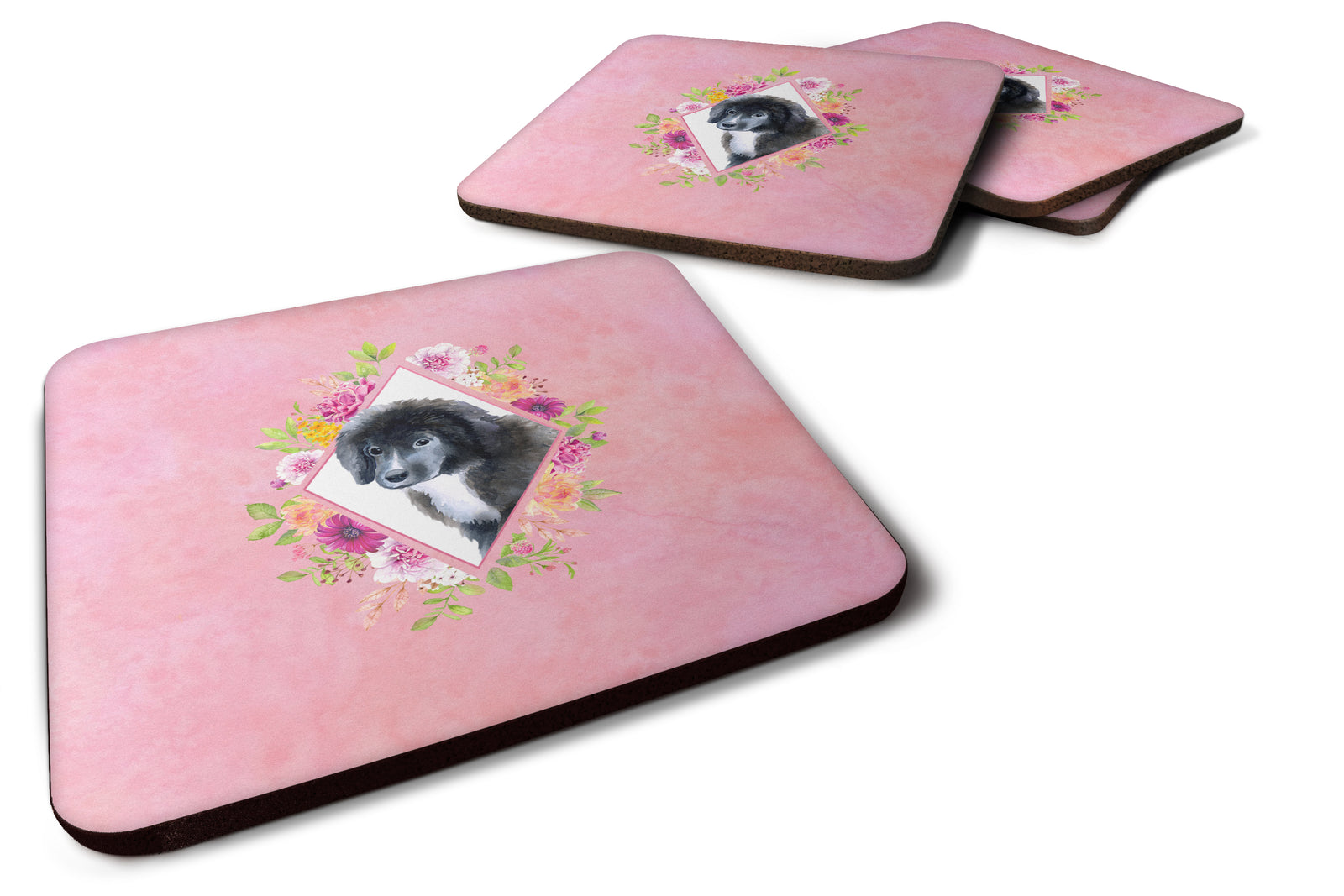 Set of 4 Newfoundland Puppy Pink Flowers Foam Coasters Set of 4 CK4164FC - the-store.com