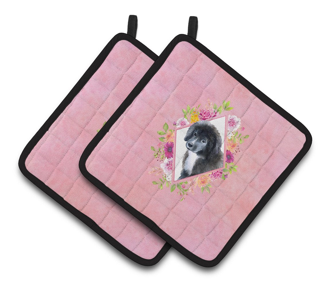 Newfoundland Puppy Pink Flowers Pair of Pot Holders CK4164PTHD by Caroline's Treasures