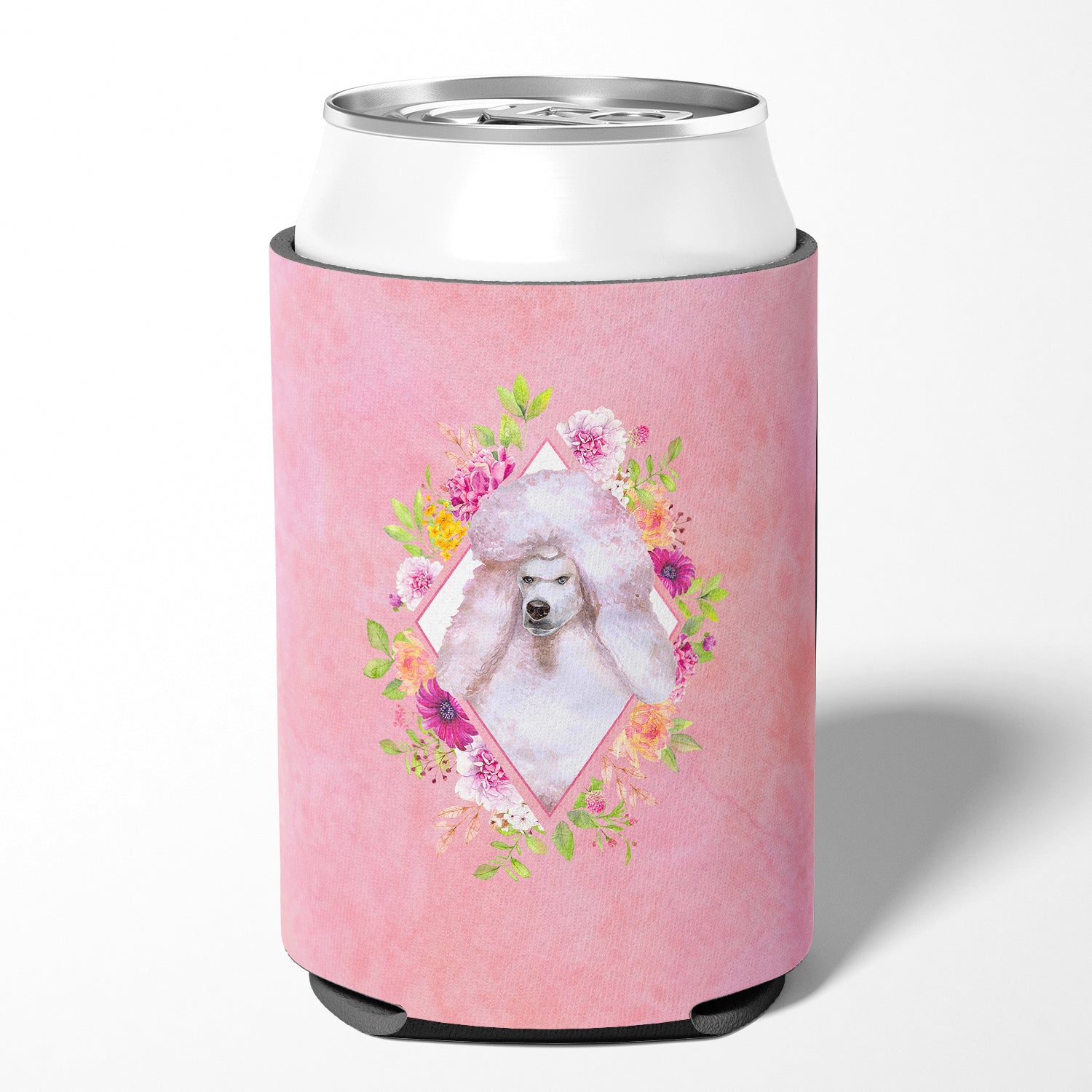 Standard White Poodle Pink Flowers Can or Bottle Hugger CK4171CC