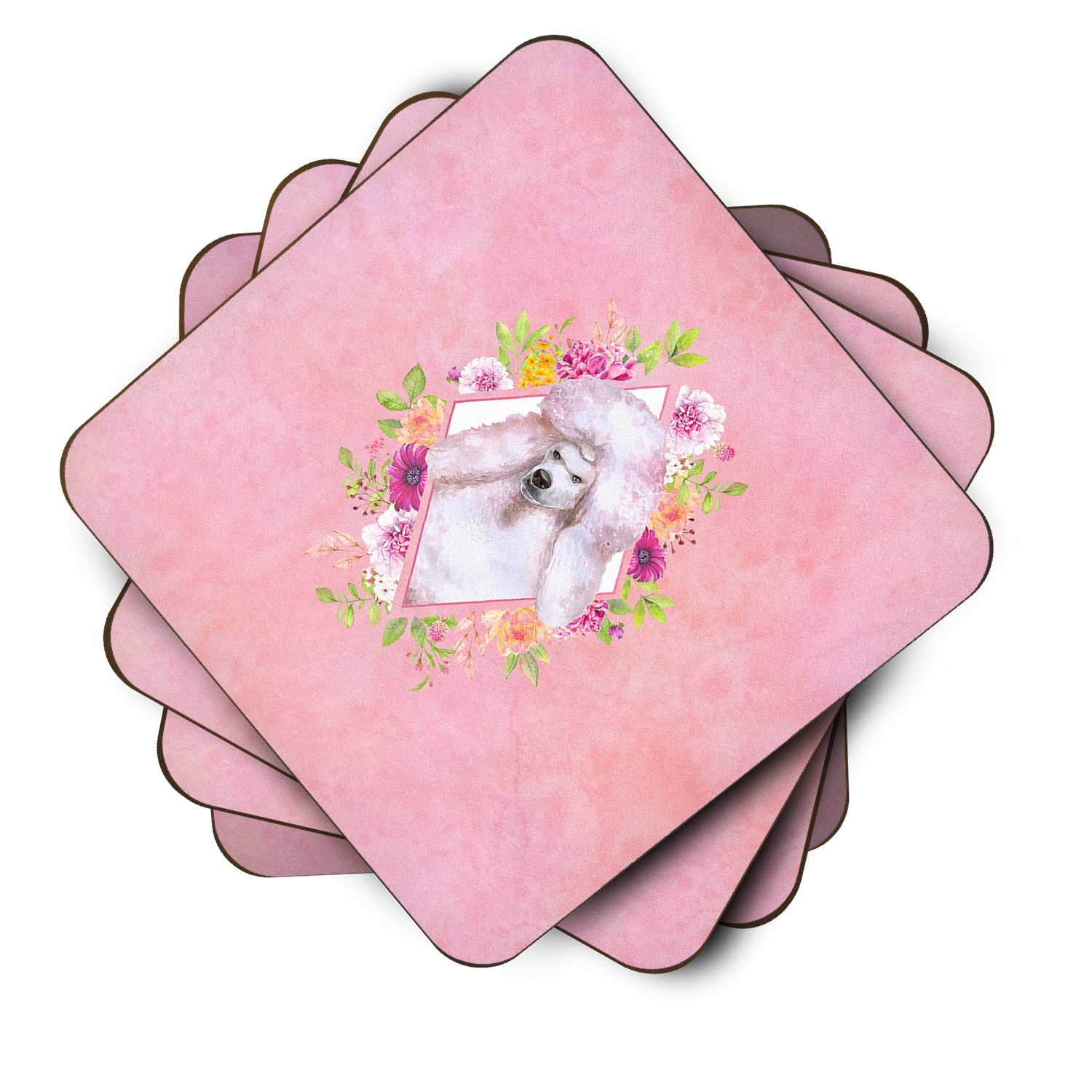 Set of 4 Standard White Poodle Pink Flowers Foam Coasters Set of 4 CK4171FC - the-store.com