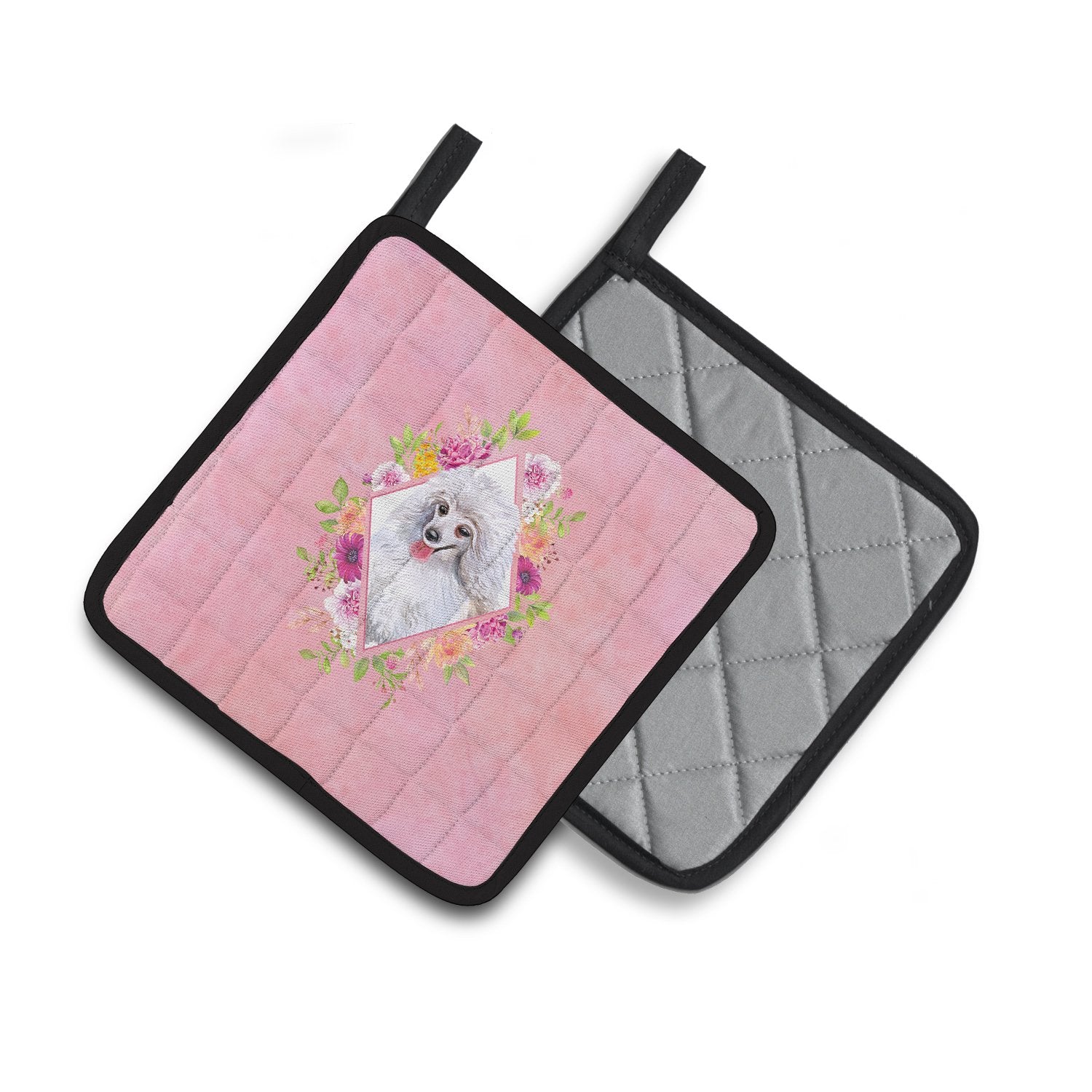 White Mini Poodle Pink Flowers Pair of Pot Holders CK4172PTHD by Caroline's Treasures