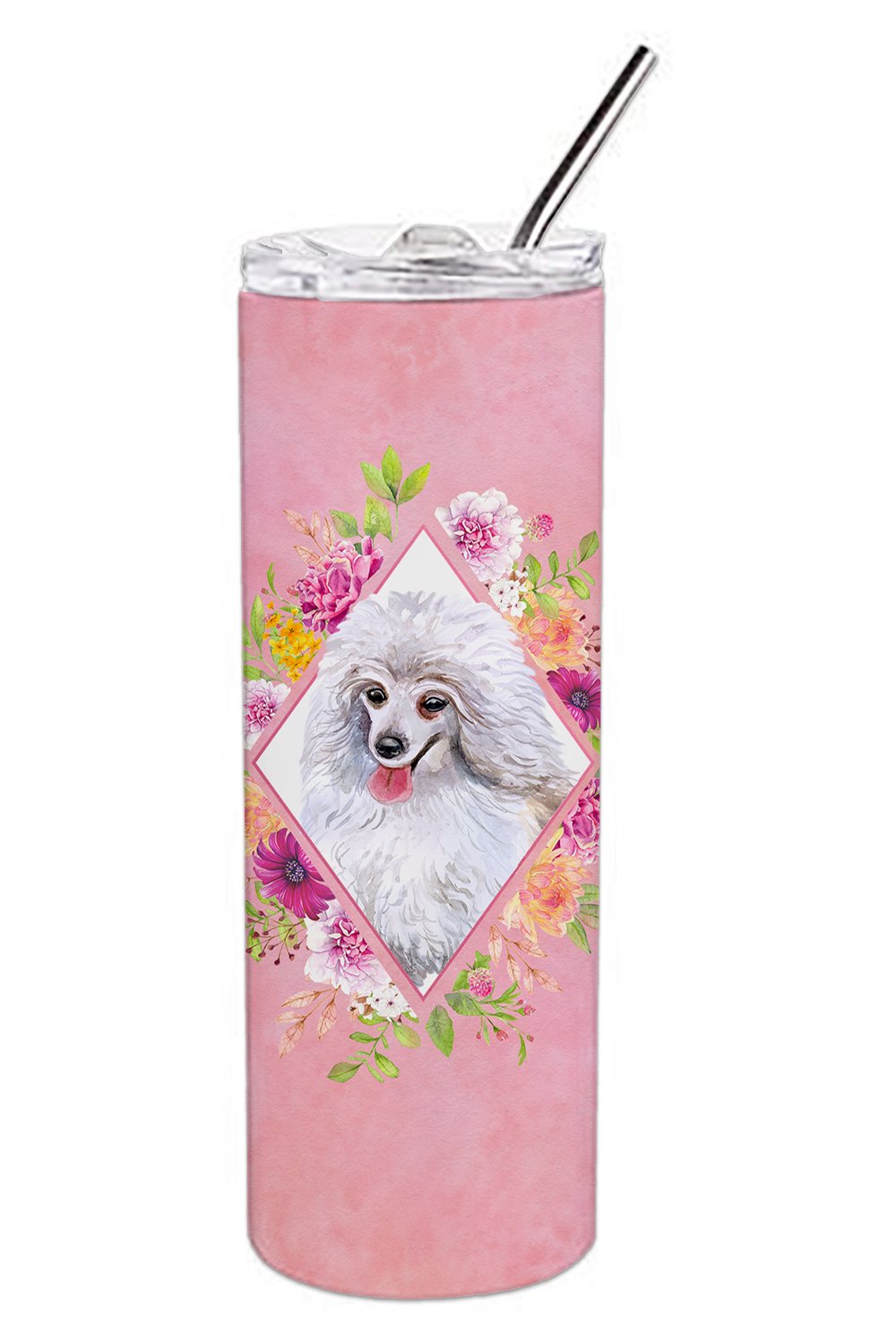 White Mini Poodle Pink Flowers Double Walled Stainless Steel 20 oz Skinny Tumbler CK4172TBL20 by Caroline&#39;s Treasures