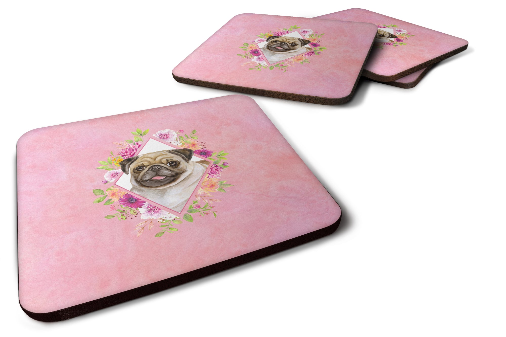 Set of 4 Fawn Pug Pink Flowers Foam Coasters Set of 4 CK4174FC - the-store.com