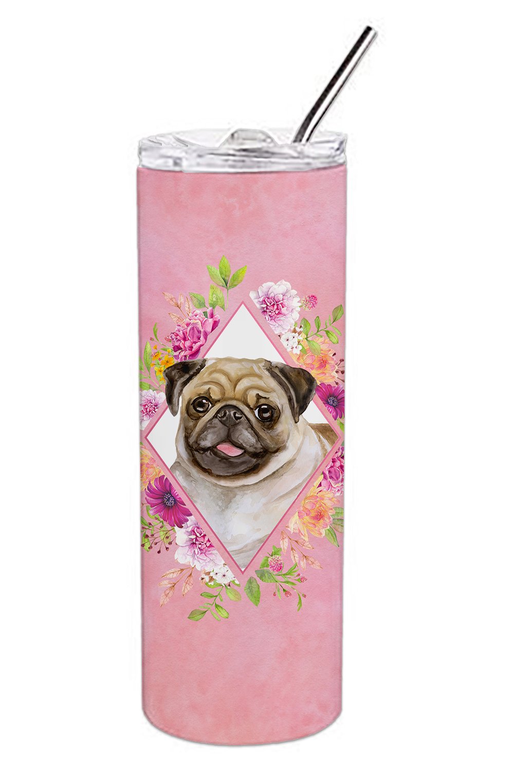 Fawn Pug Pink Flowers Double Walled Stainless Steel 20 oz Skinny Tumbler CK4174TBL20 by Caroline's Treasures