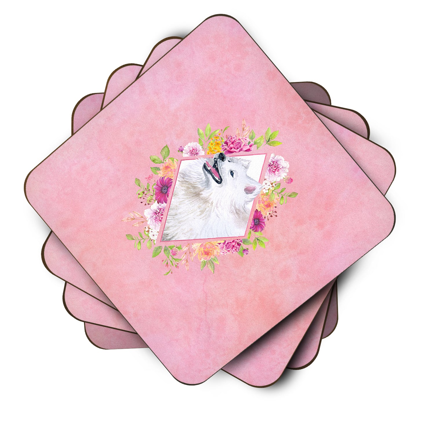 Set of 4 Samoyed Pink Flowers Foam Coasters Set of 4 CK4177FC - the-store.com