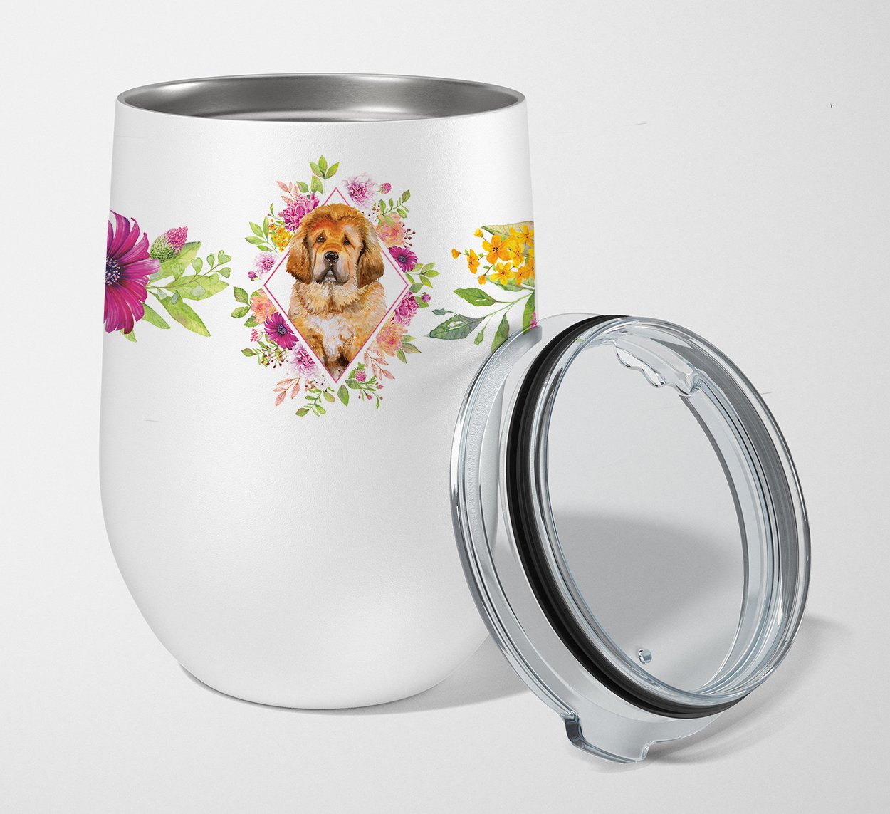 Tibetian Mastiff Puppy Pink Flowers Stainless Steel 12 oz Stemless Wine Glass CK4189TBL12 by Caroline's Treasures