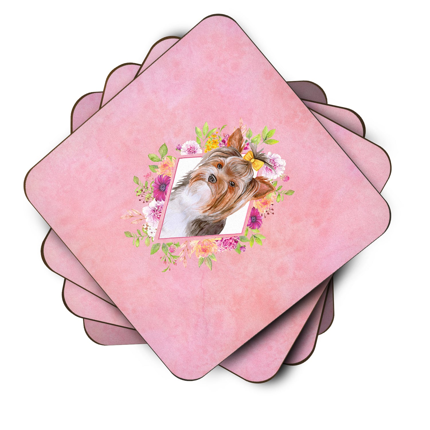 Set of 4 Yorkshire Terrier #1 Pink Flowers Foam Coasters Set of 4 CK4194FC - the-store.com