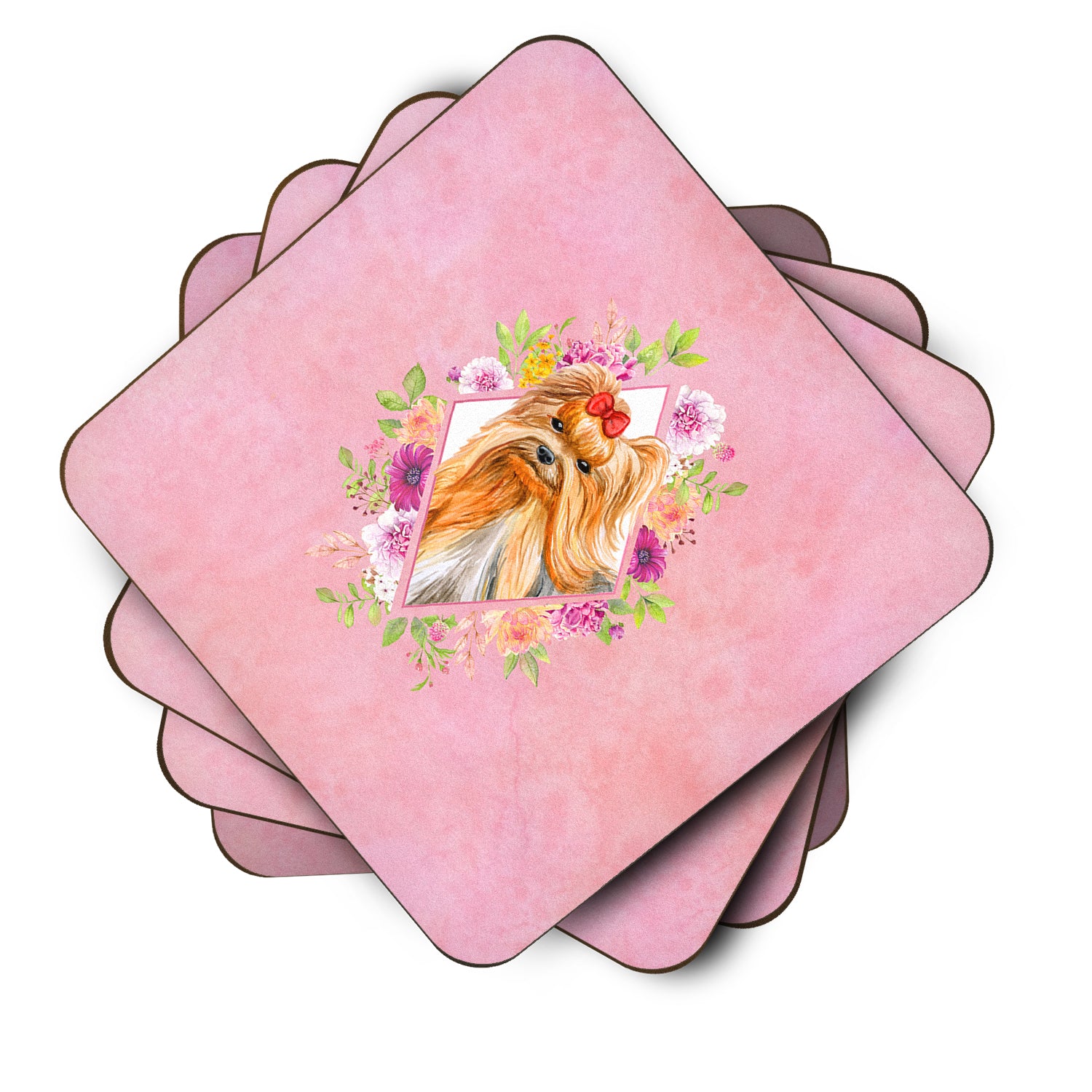 Set of 4 Yorkshire Terrier #2 Pink Flowers Foam Coasters Set of 4 CK4195FC - the-store.com