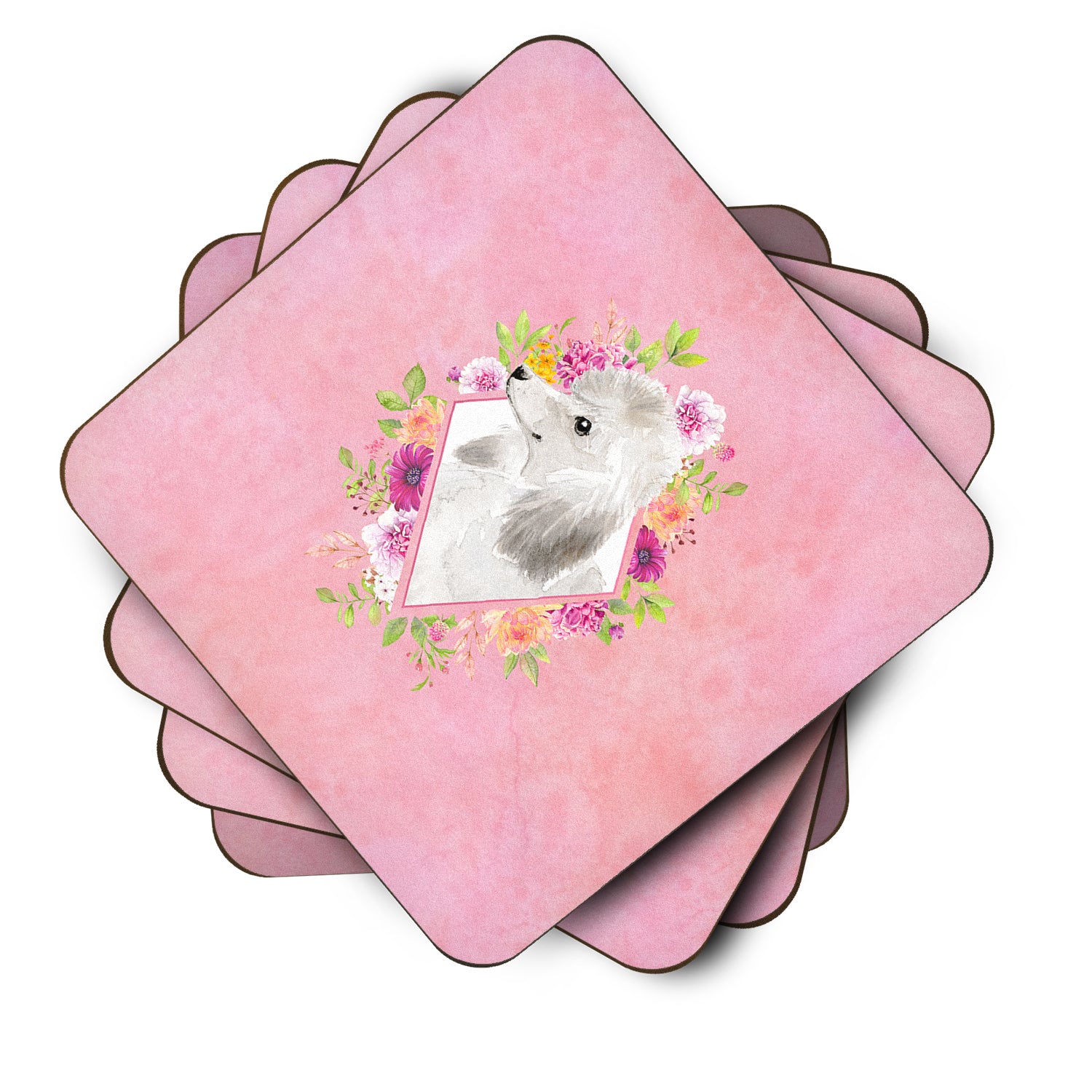 Set of 4 White Standard Poodle Pink Flowers Foam Coasters Set of 4 CK4200FC - the-store.com