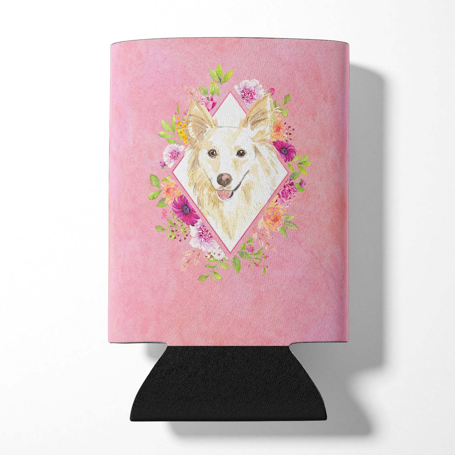 White Collie Pink Flowers Can or Bottle Hugger CK4201CC