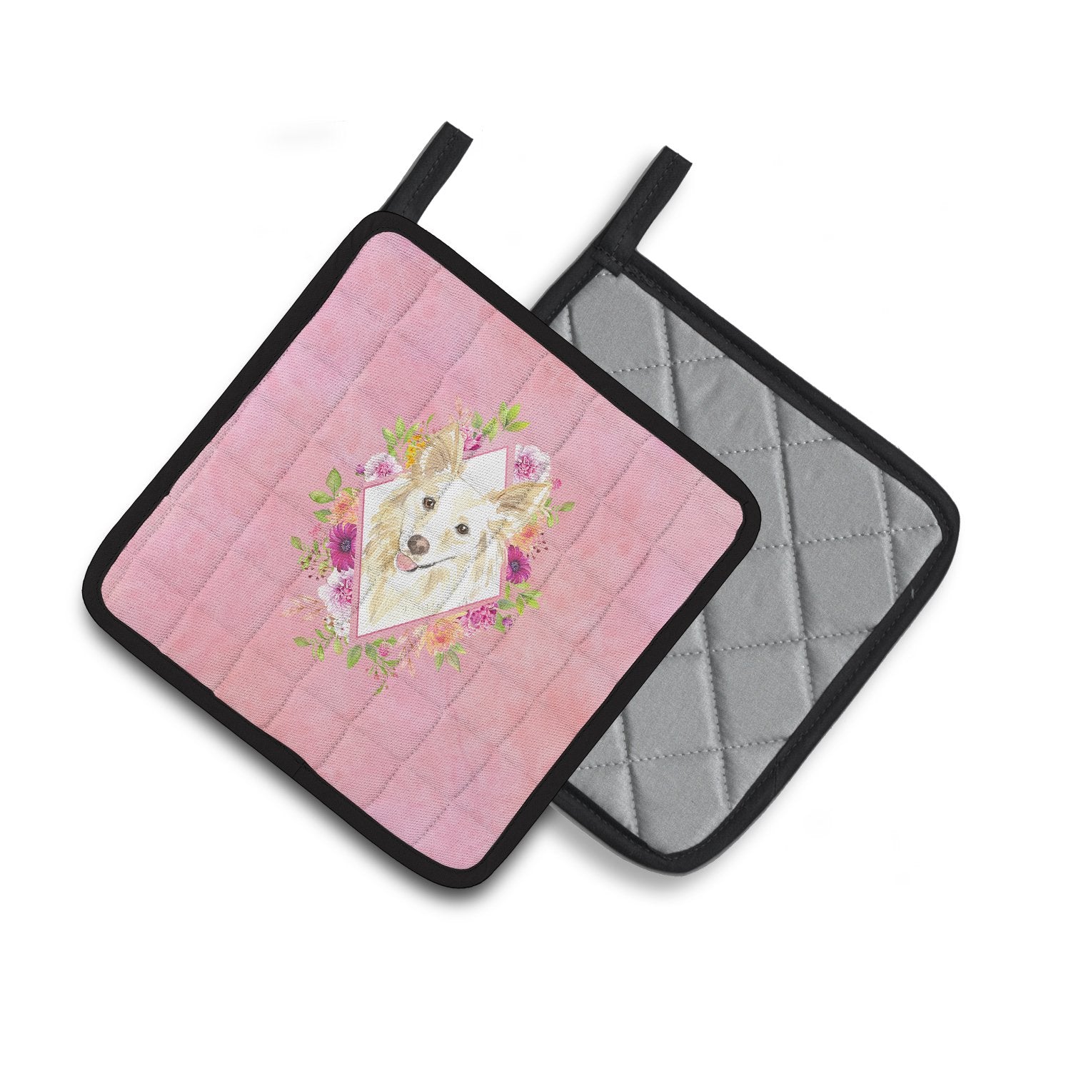 White Collie Pink Flowers Pair of Pot Holders CK4201PTHD by Caroline's Treasures