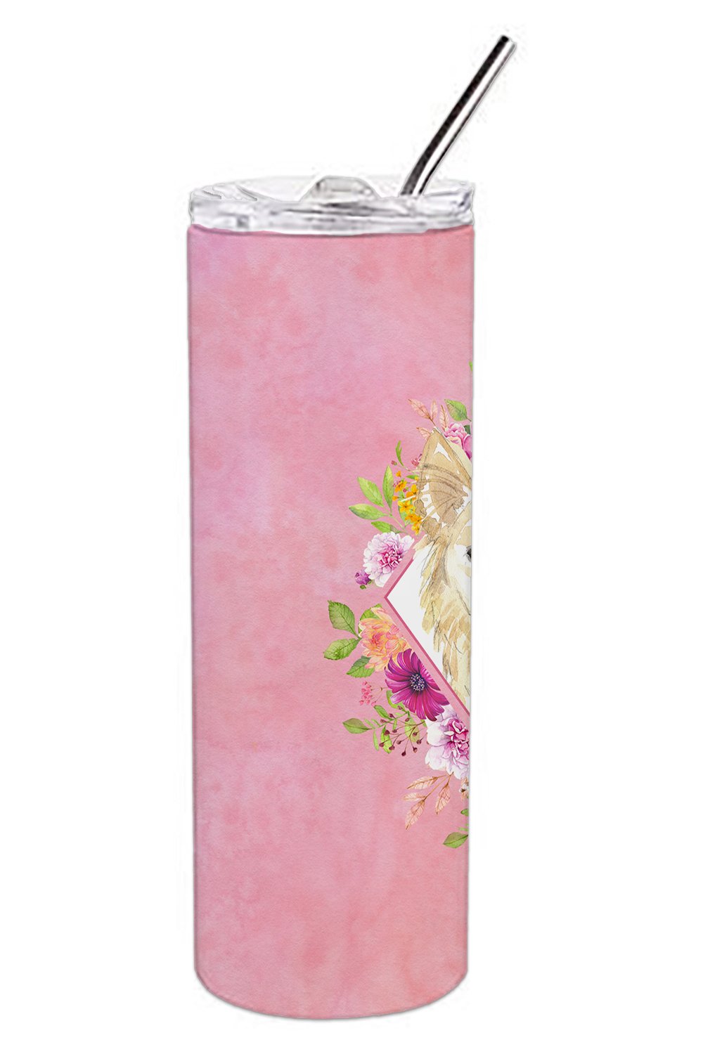 White Collie Pink Flowers Double Walled Stainless Steel 20 oz Skinny Tumbler CK4201TBL20 by Caroline's Treasures
