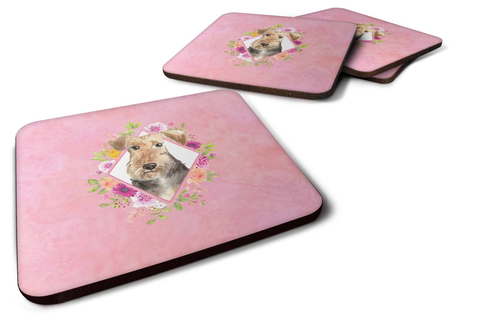 Set of 4 Airedale Terrier Pink Flowers Foam Coasters Set of 4 CK4204FC - the-store.com