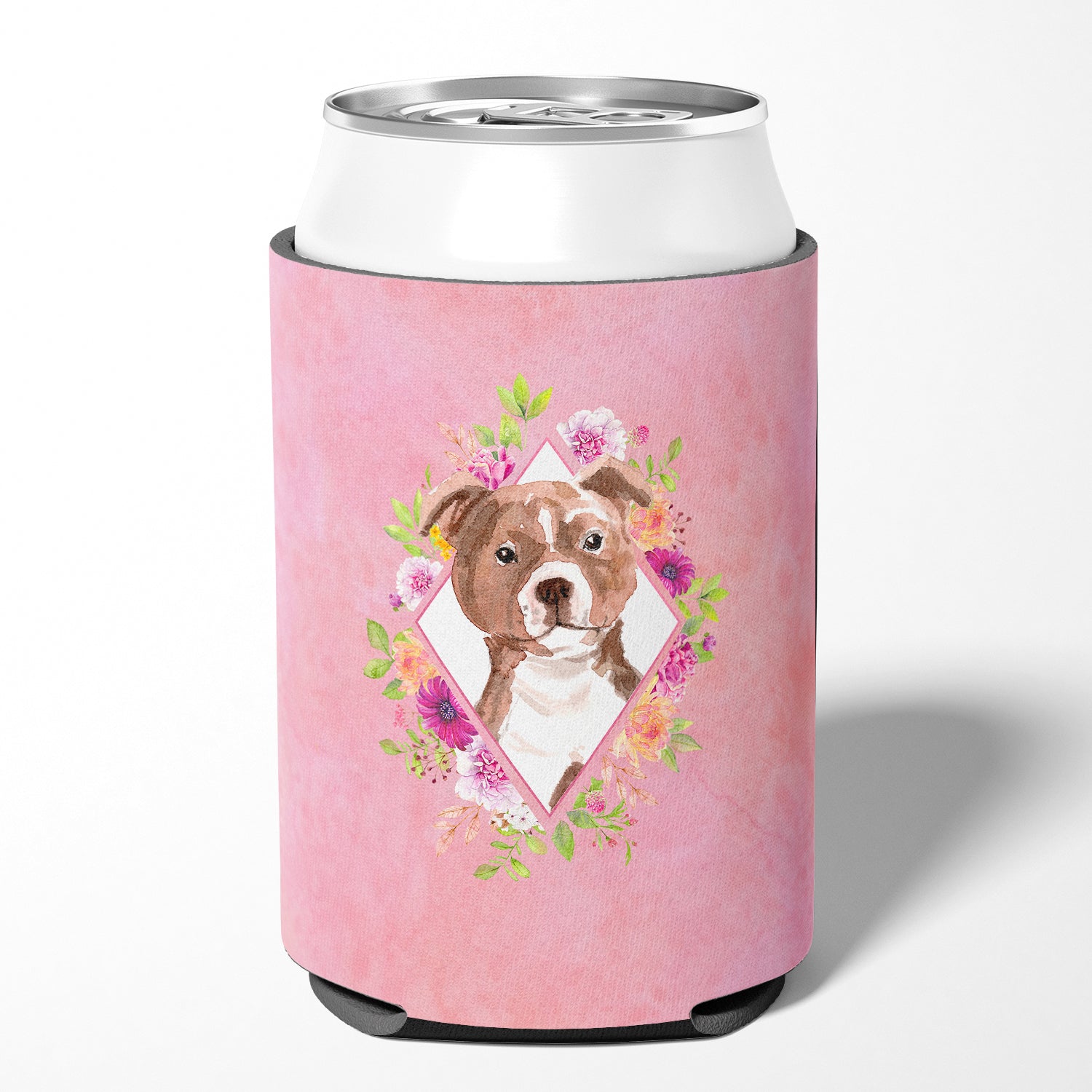 Staffie Bull Terrier Pink Flowers Can or Bottle Hugger CK4208CC