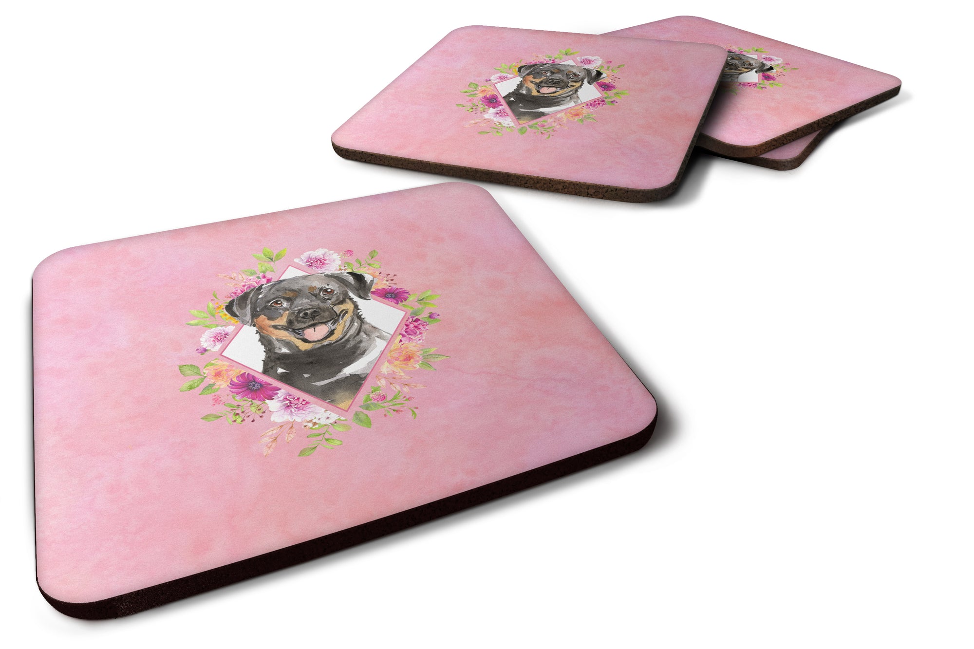 Set of 4 Rottweiler Pink Flowers Foam Coasters Set of 4 CK4217FC - the-store.com