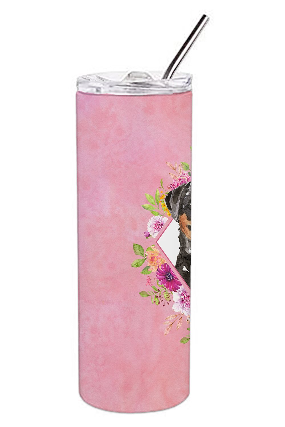 Rottweiler Pink Flowers Double Walled Stainless Steel 20 oz Skinny Tumbler CK4217TBL20 by Caroline's Treasures