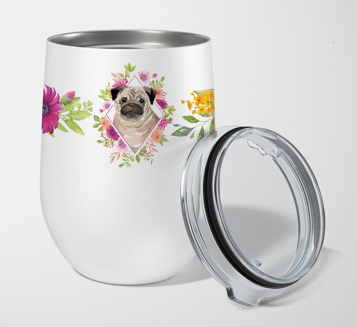 Fawn Pug Pink Flowers Stainless Steel 12 oz Stemless Wine Glass CK4218TBL12 by Caroline's Treasures