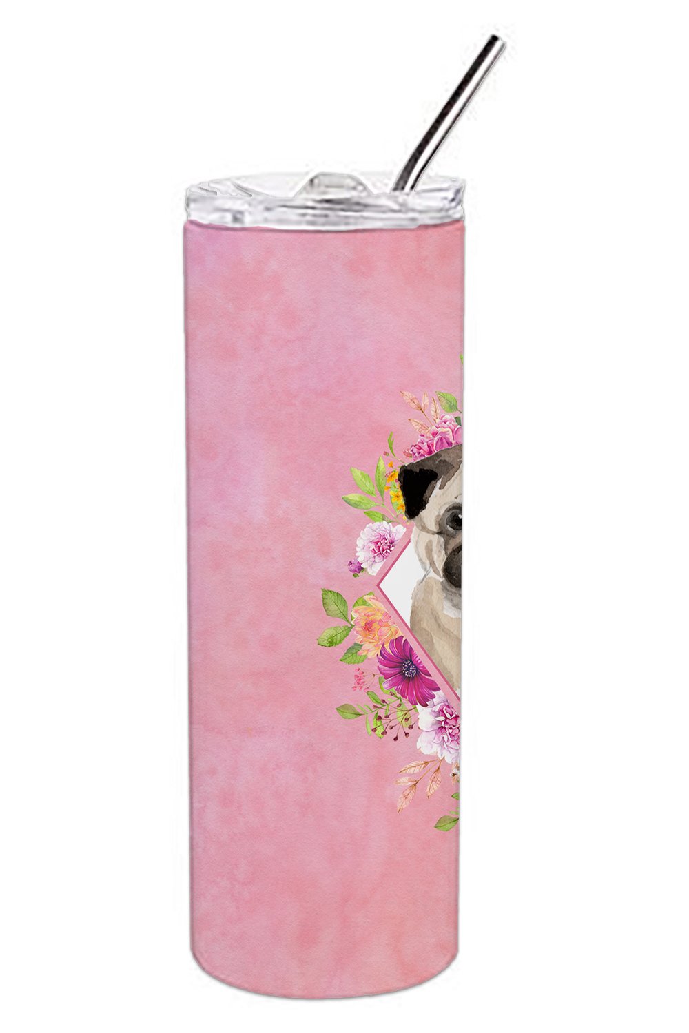 Fawn Pug Pink Flowers Double Walled Stainless Steel 20 oz Skinny Tumbler CK4218TBL20 by Caroline's Treasures