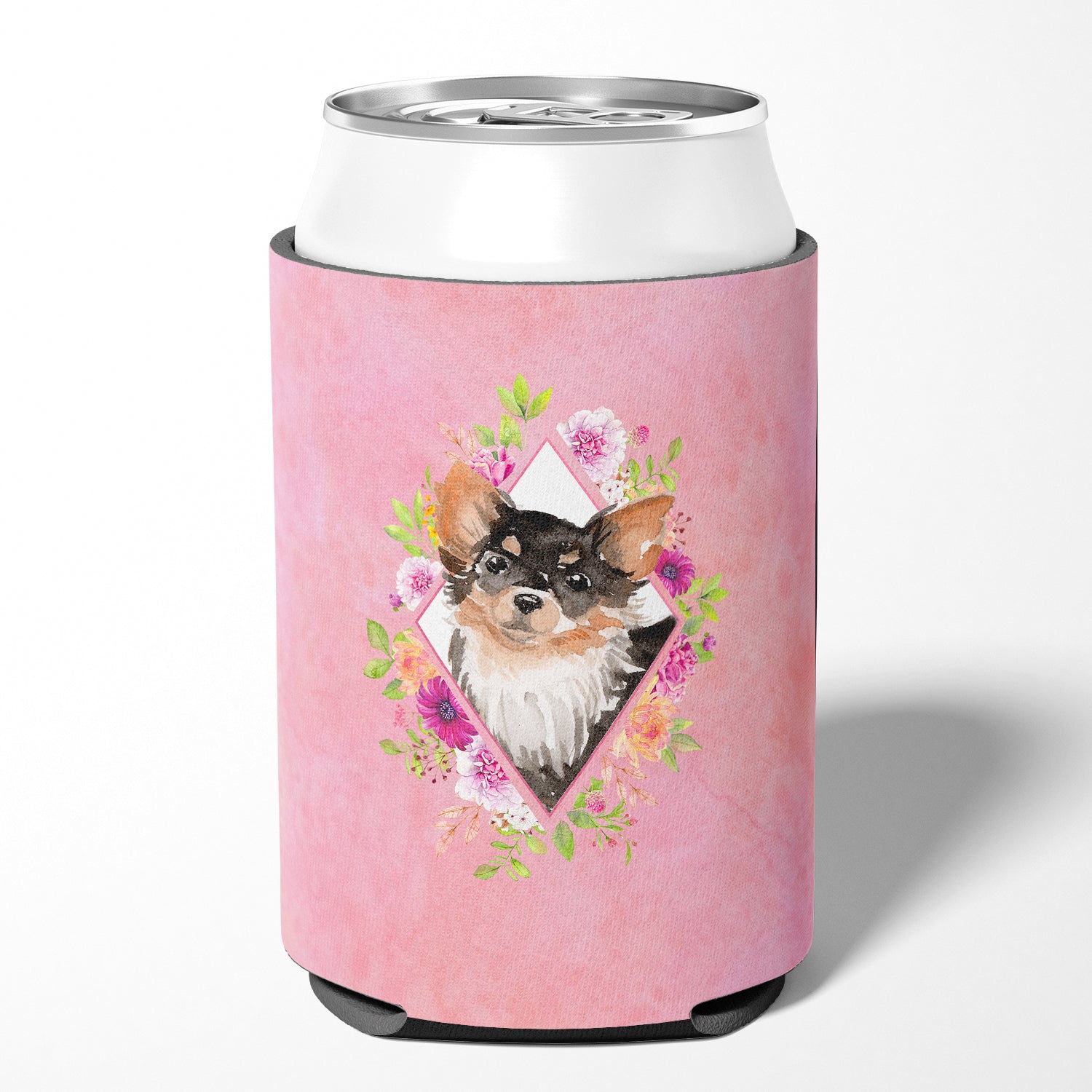 Longhaired Chihuahua Pink Flowers Can or Bottle Hugger CK4225CC