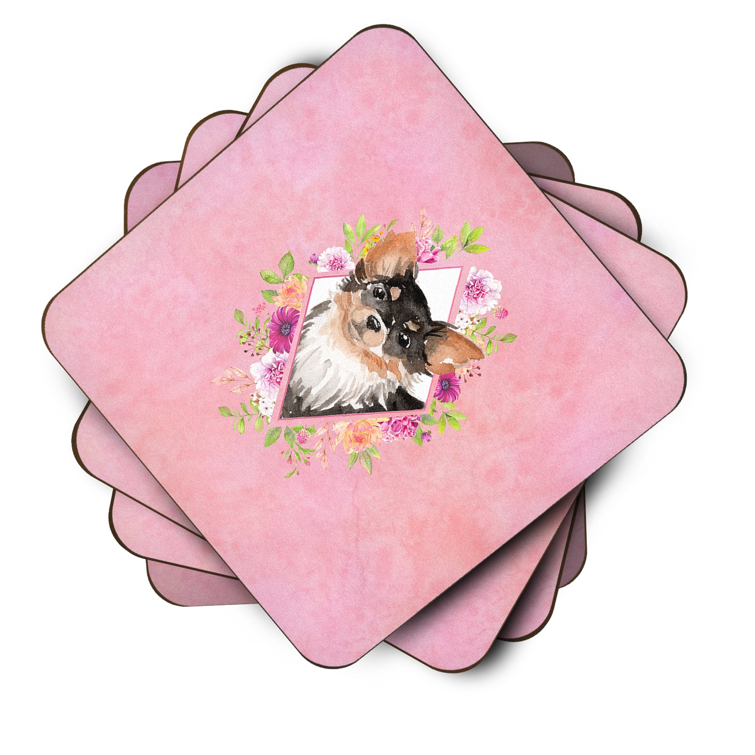 Set of 4 Longhaired Chihuahua Pink Flowers Foam Coasters Set of 4 CK4225FC - the-store.com