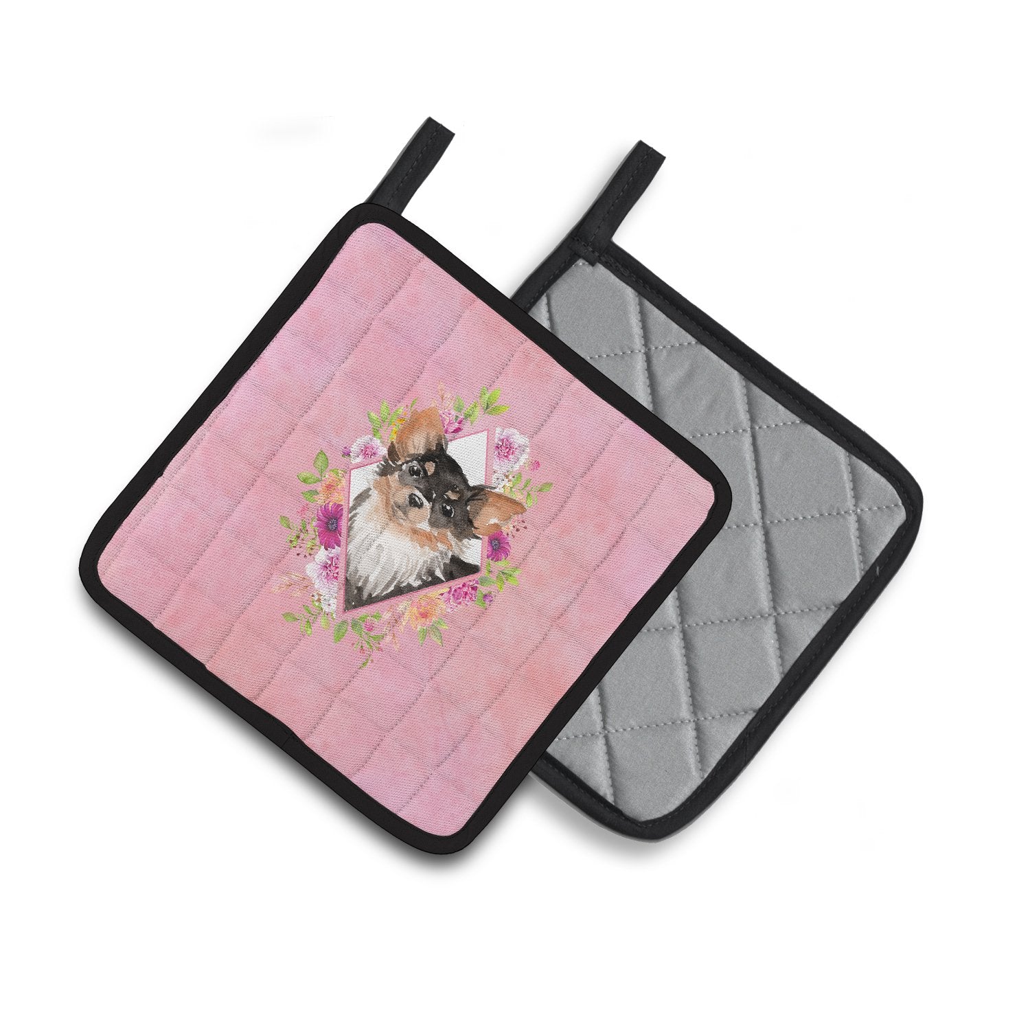 Longhaired Chihuahua Pink Flowers Pair of Pot Holders CK4225PTHD by Caroline's Treasures