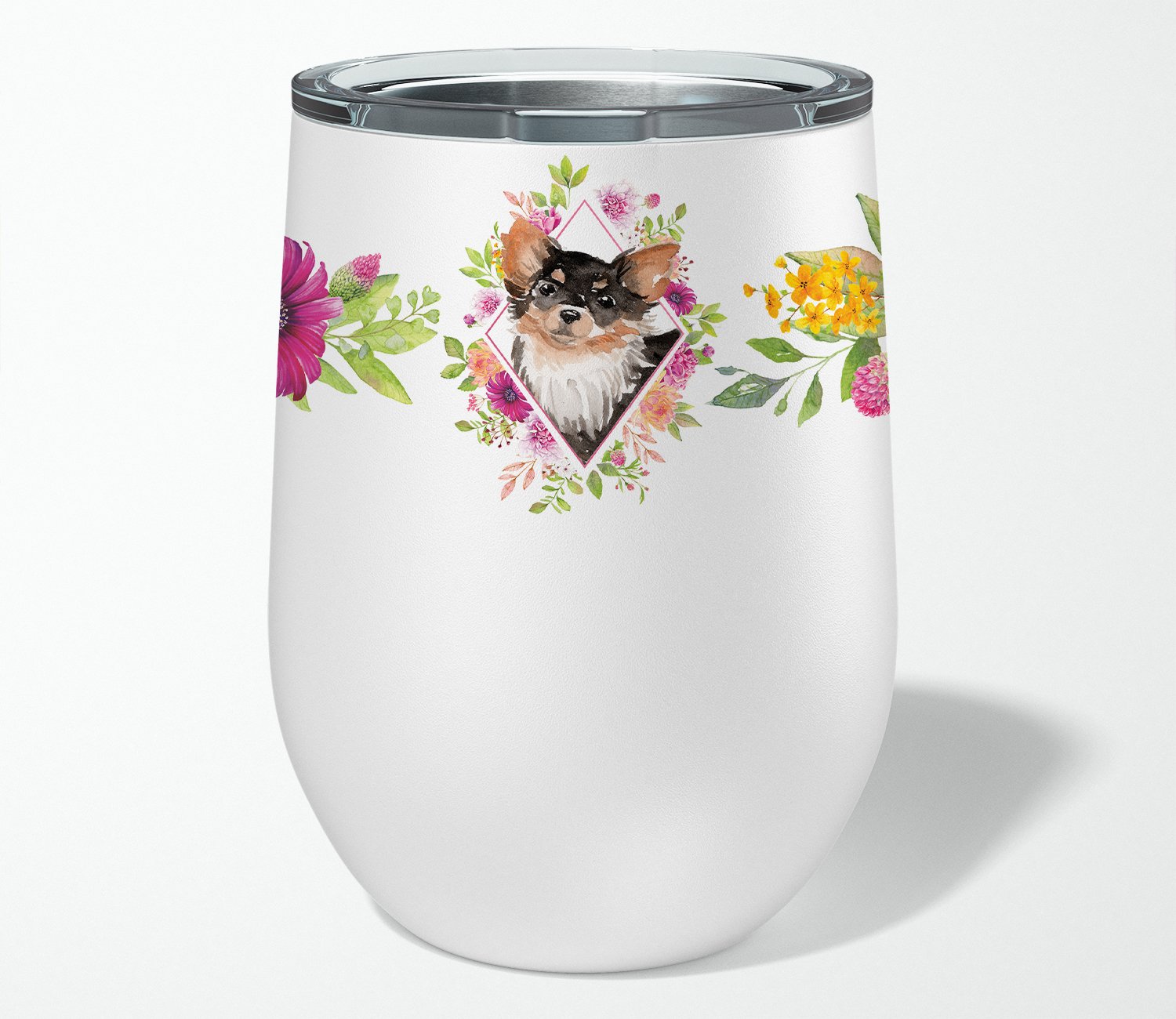Longhaired Chihuahua Pink Flowers Stainless Steel 12 oz Stemless Wine Glass CK4225TBL12 by Caroline's Treasures