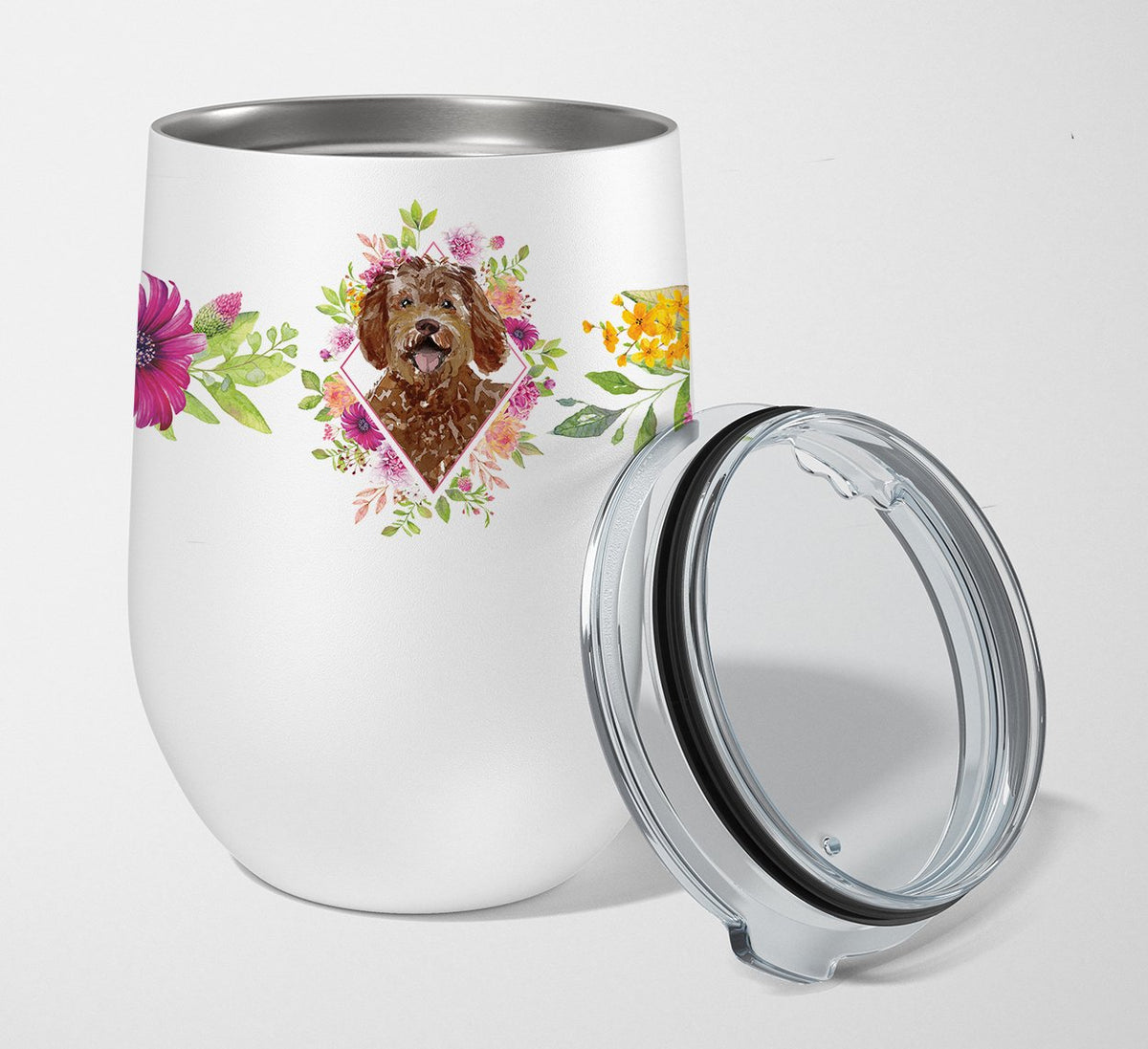 Labradoodle Pink Flowers Stainless Steel 12 oz Stemless Wine Glass CK4228TBL12 by Caroline&#39;s Treasures