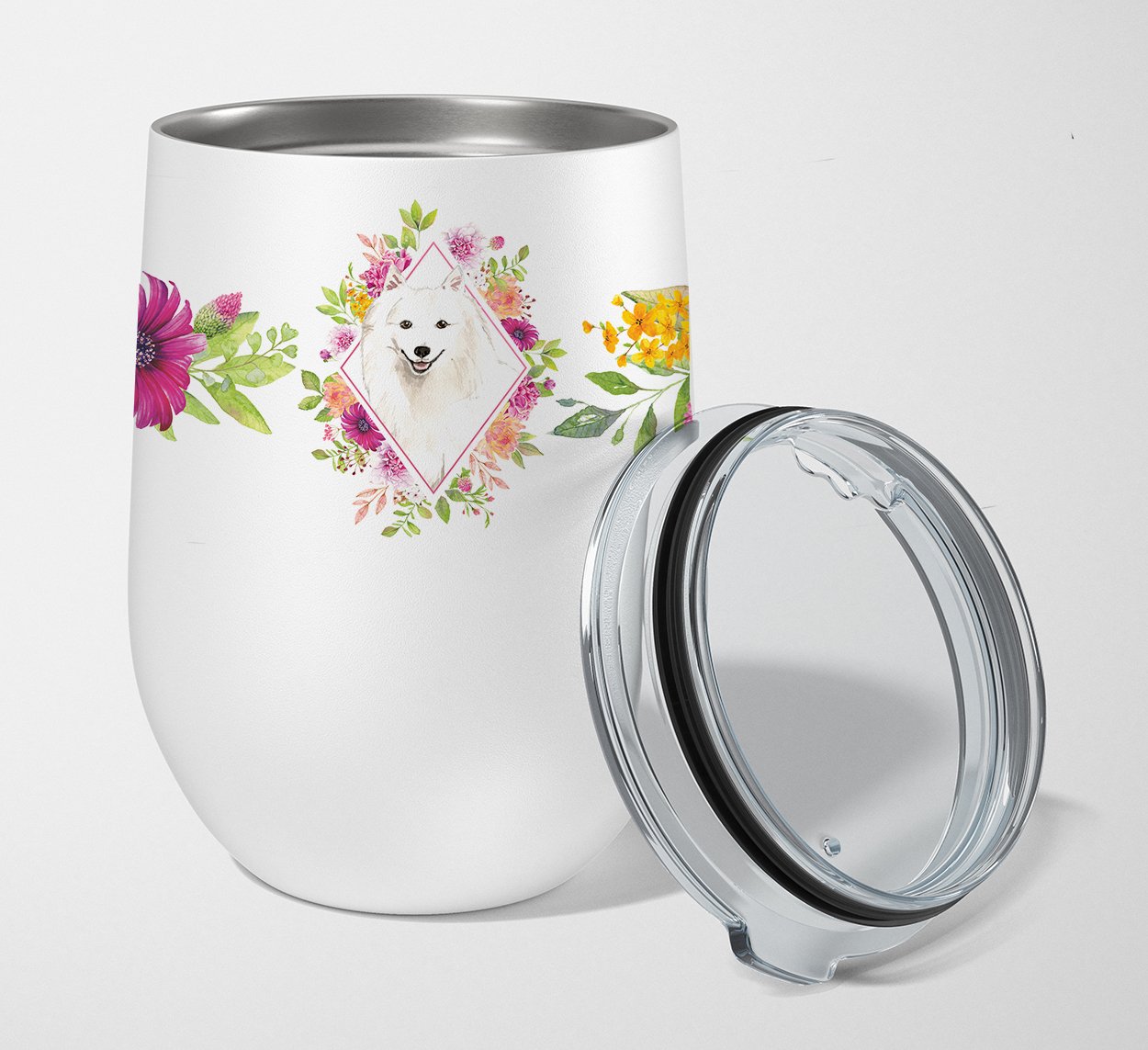 Japanese Spitz Pink Flowers Stainless Steel 12 oz Stemless Wine Glass CK4229TBL12 by Caroline's Treasures