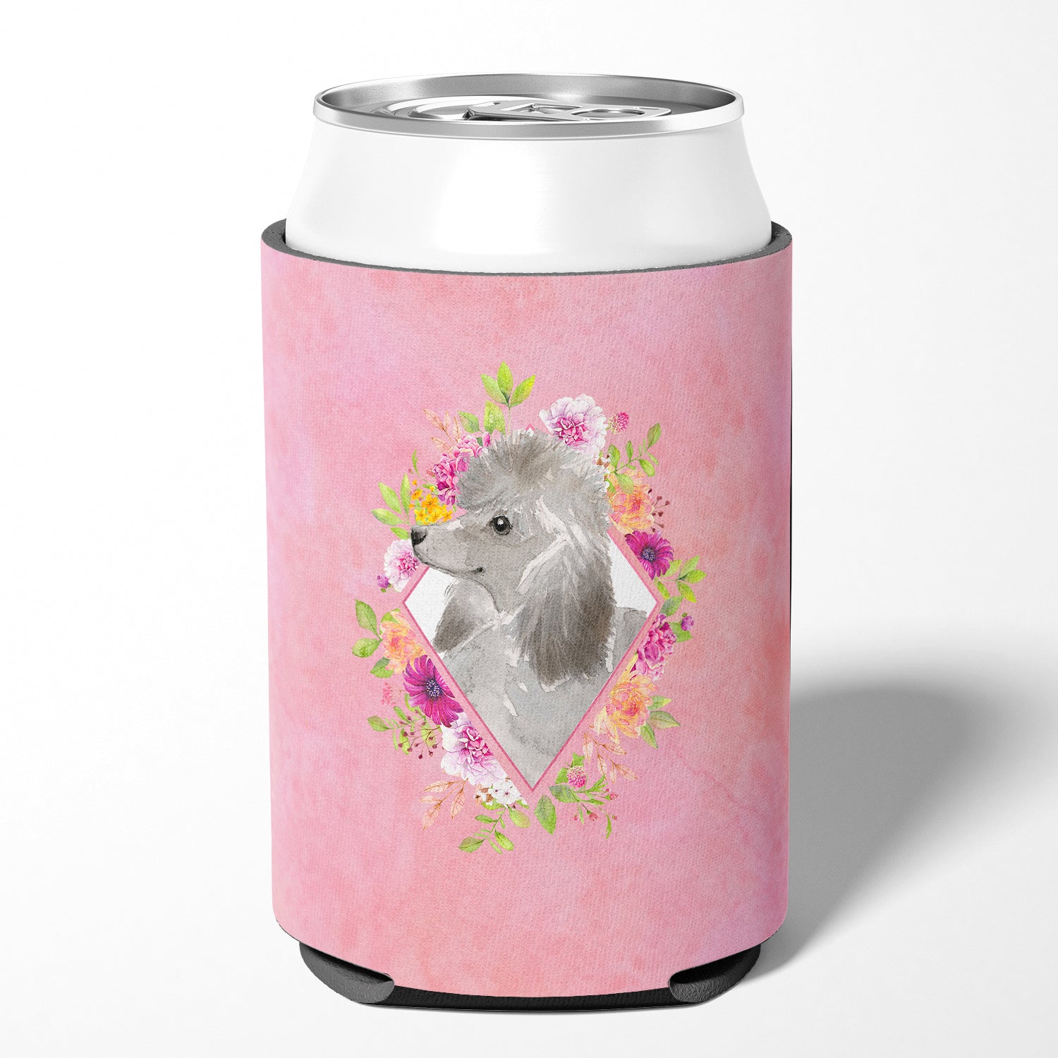 Grey Standard Poodle Pink Flowers Can or Bottle Hugger CK4233CC