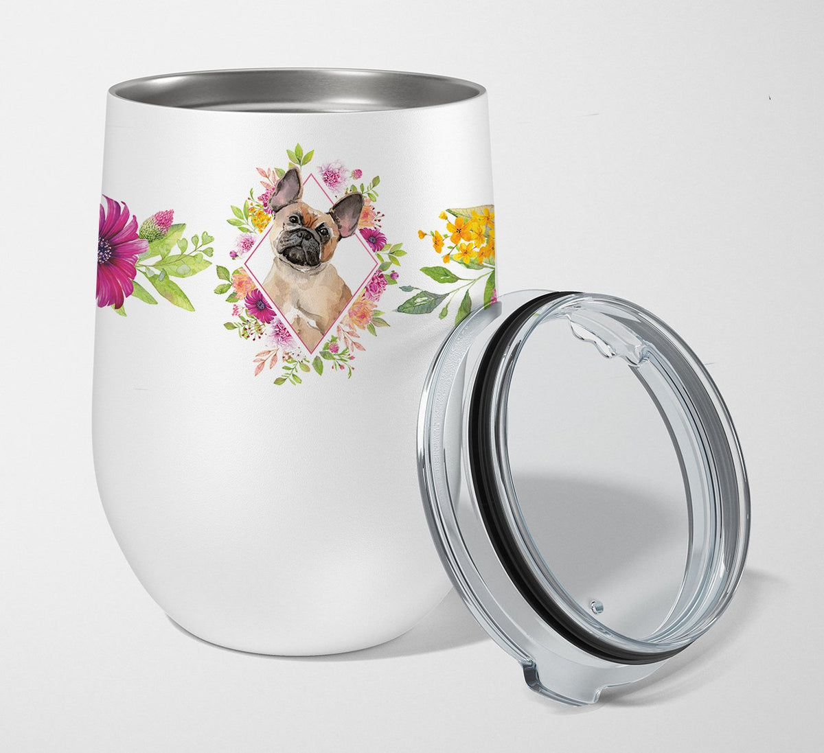 Fawn French Bulldog Pink Flowers Stainless Steel 12 oz Stemless Wine Glass CK4238TBL12 by Caroline&#39;s Treasures