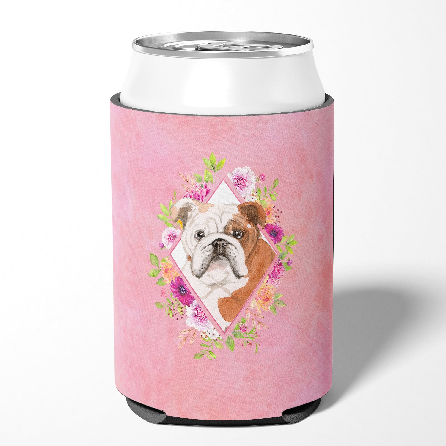English Bulldog Pink Flowers Can or Bottle Hugger CK4240CC
