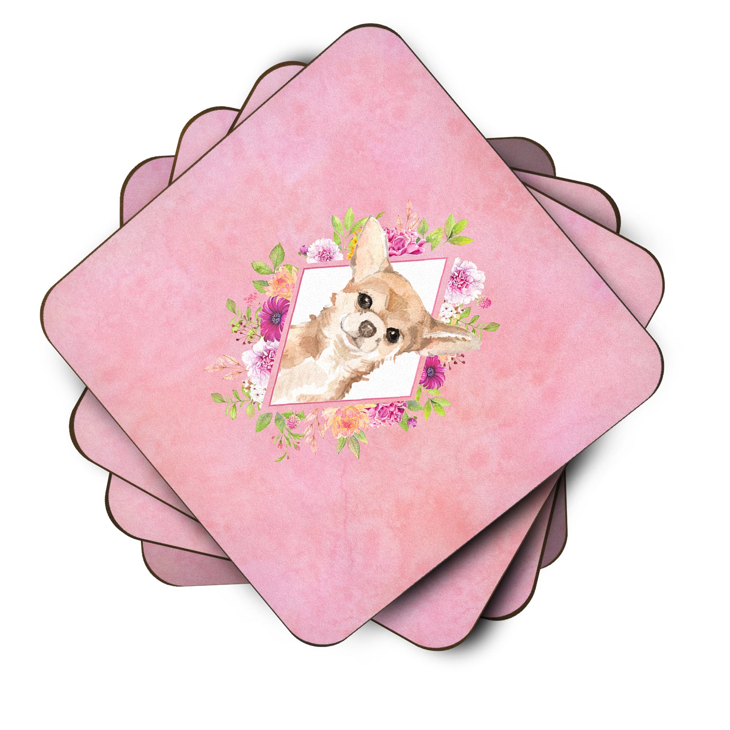 Set of 4 Chihuahua Pink Flowers Foam Coasters Set of 4 CK4245FC - the-store.com