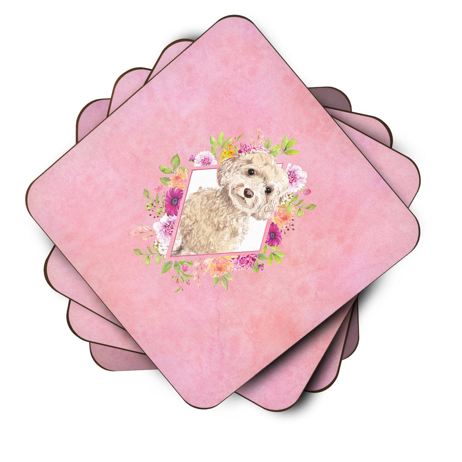 Set of 4 Champagne Cockapoo Pink Flowers Foam Coasters Set of 4 CK4246FC - the-store.com