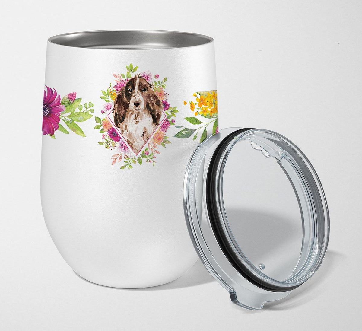 Brown Parti Cocker Spaniel Pink Flowers Stainless Steel 12 oz Stemless Wine Glass CK4252TBL12 by Caroline&#39;s Treasures