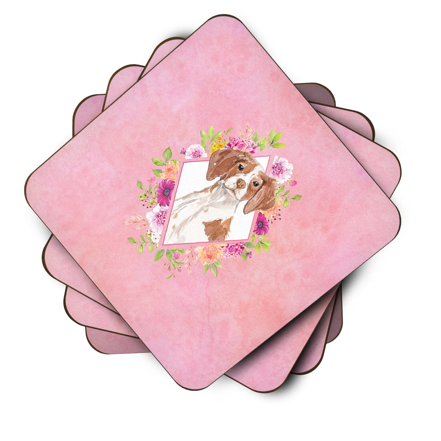 Set of 4 Brittany Spaniel Pink Flowers Foam Coasters Set of 4 CK4254FC - the-store.com