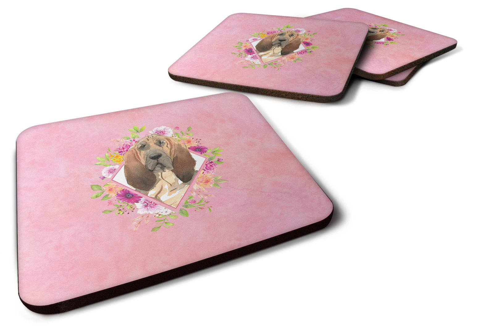 Set of 4 Bloodhound Pink Flowers Foam Coasters Set of 4 CK4259FC - the-store.com