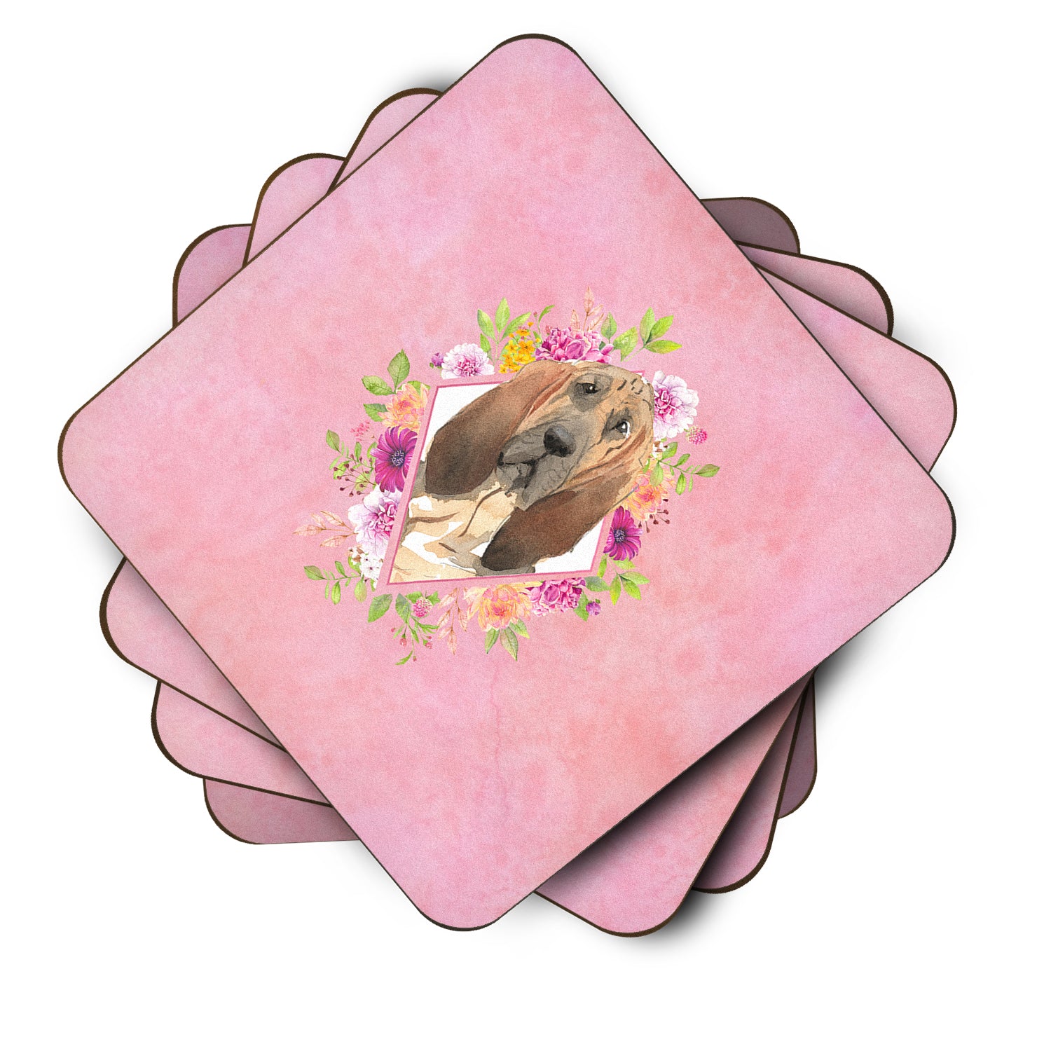 Set of 4 Bloodhound Pink Flowers Foam Coasters Set of 4 CK4259FC - the-store.com